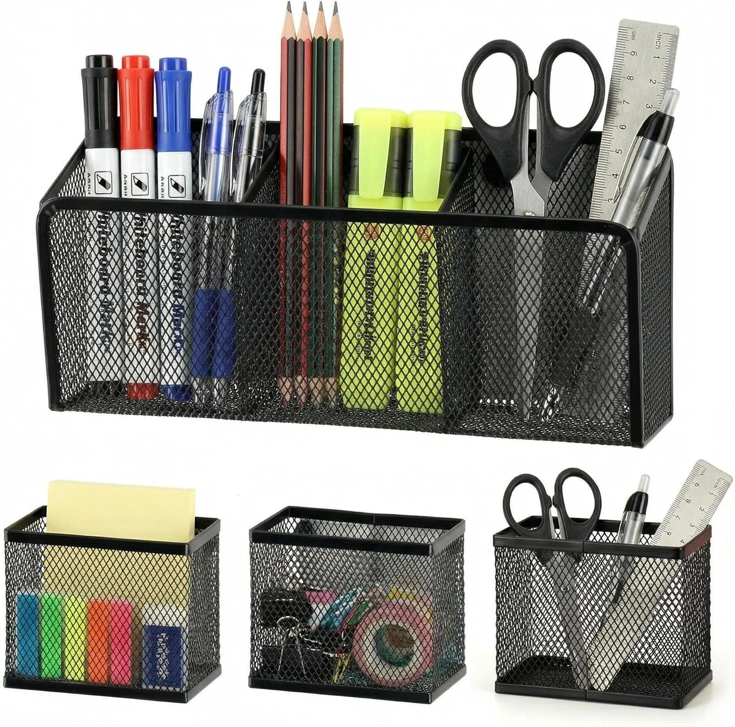 Magnetic Pencil Holder, Locker Shelf Organizer, Metal Mesh Storage Basket for Whiteboard, Refrigerator, Marks, Pens, School&Office Supplies,Black (Pack of 4)