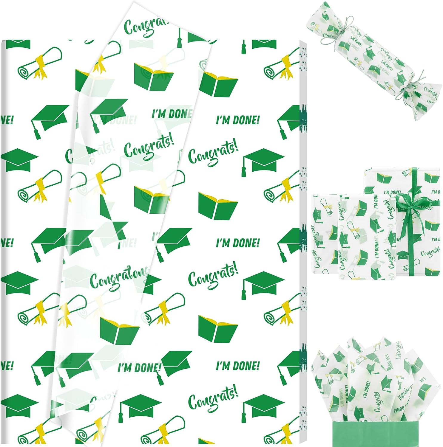60 Sheets 2025 Graduation Tissue Paper, 20x14 inch Graduate Cap Diploma Scroll Book Patterns Gift Wrapping Paper for 2025 Art Craft Graduation Party (Green)