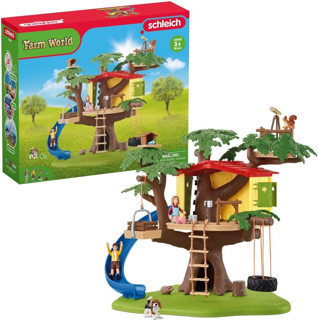 Farm World — Adventure Tree House Playset, 60-Piece Detailed Tree House Play Set with Tire Swing, 2 Child Figurines and Animal Figurines, Farmer Toys for Kids Ages 3+