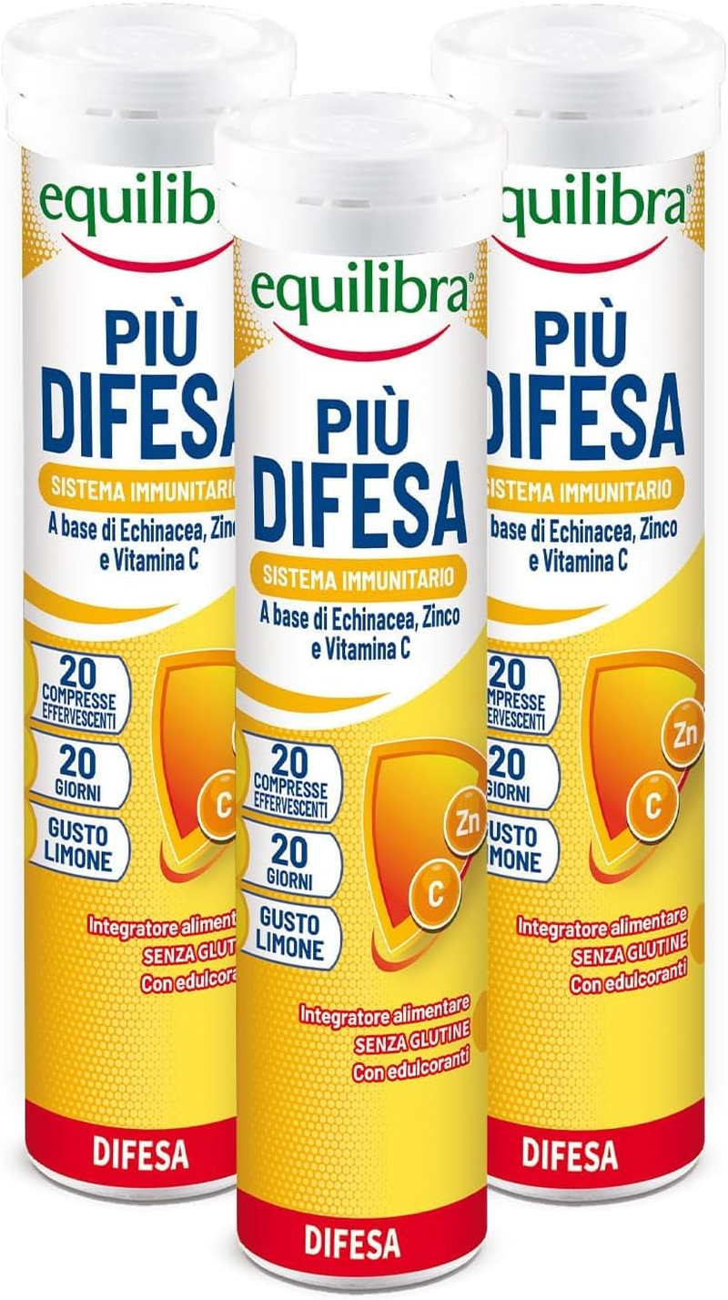 Equilibra Integratori Alimentari, Più Difesa, Integratore per La Normale Funzione Del Sistema Immunitario, Con Echinacea, Zinco E Vitamina C, Gusto Limone, 3 Pezzi Da 20 Compresse Effervescenti