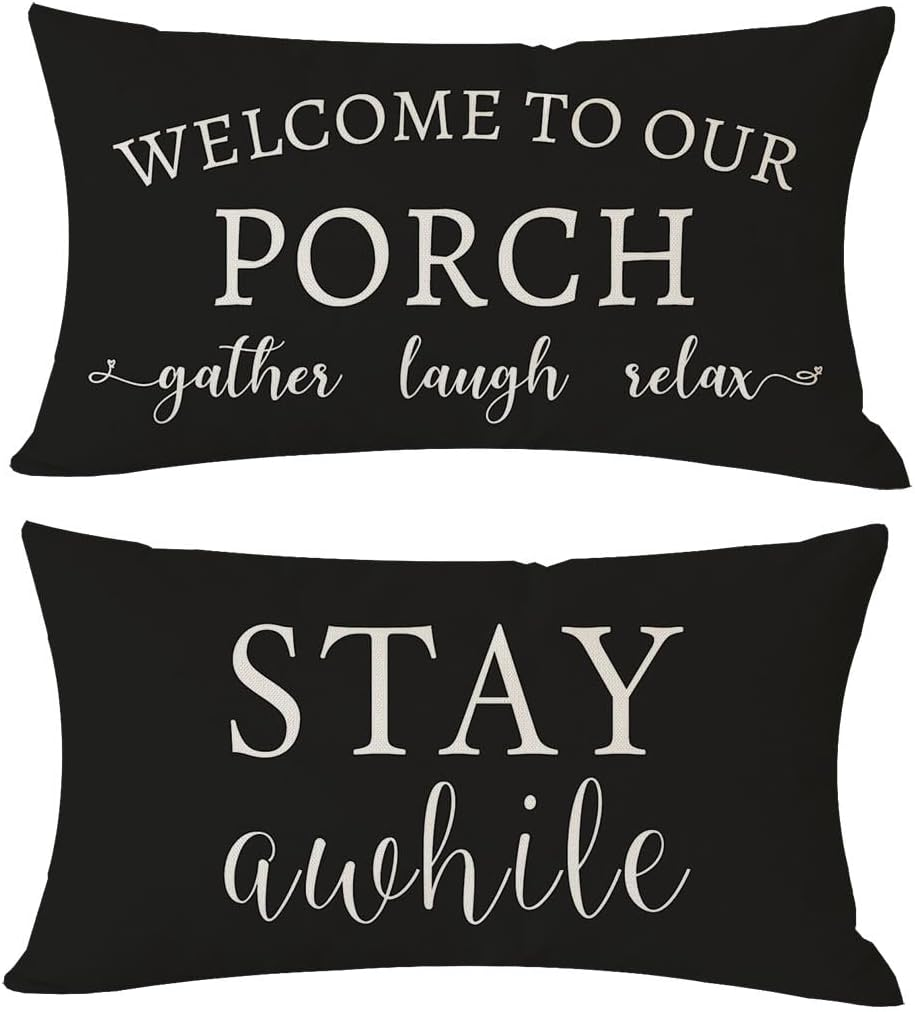 Welcome to Our Porch Stay Awhile Farmhouse Black and White Outdoor Lumbar Decorative Throw Pillow Covers 12X20 Inch Set of 2 Cozy Relax Porch Patio Decorations for Home Couch Bench Decor