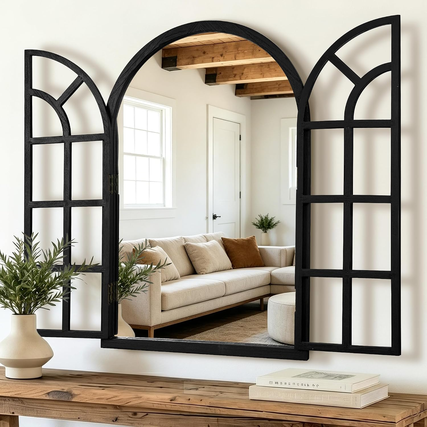 Arched Wood Mirror for Wall, 28" X 40" Rustic Farmhouse Mirror, Black