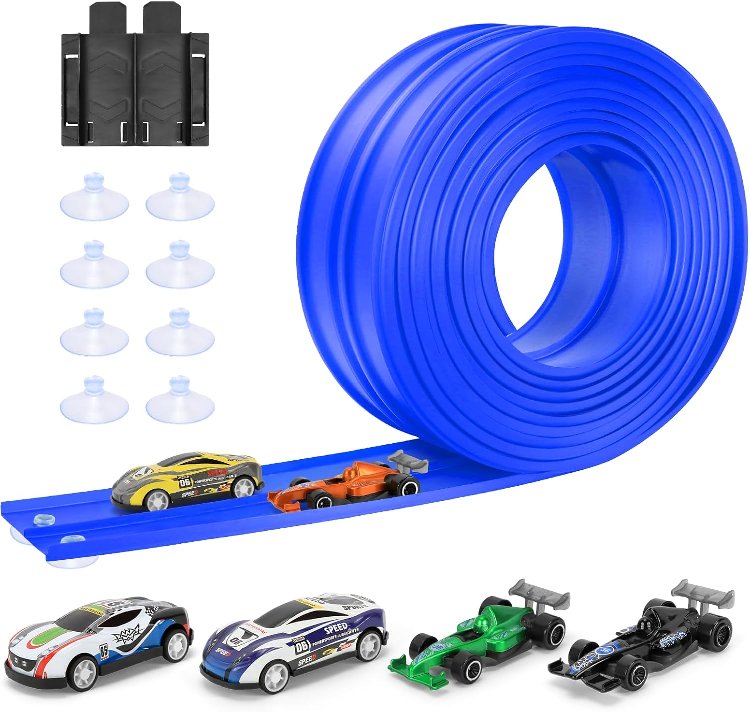 Flex Tracks 16Ft for Kids: Flexible Race Car Ramp Track with 4 Small Racecars and 8 Suction Cups Compatible with Diecast 1/64Th Cars, Rolls up Portable Racetrack for Ages 3 & Up
