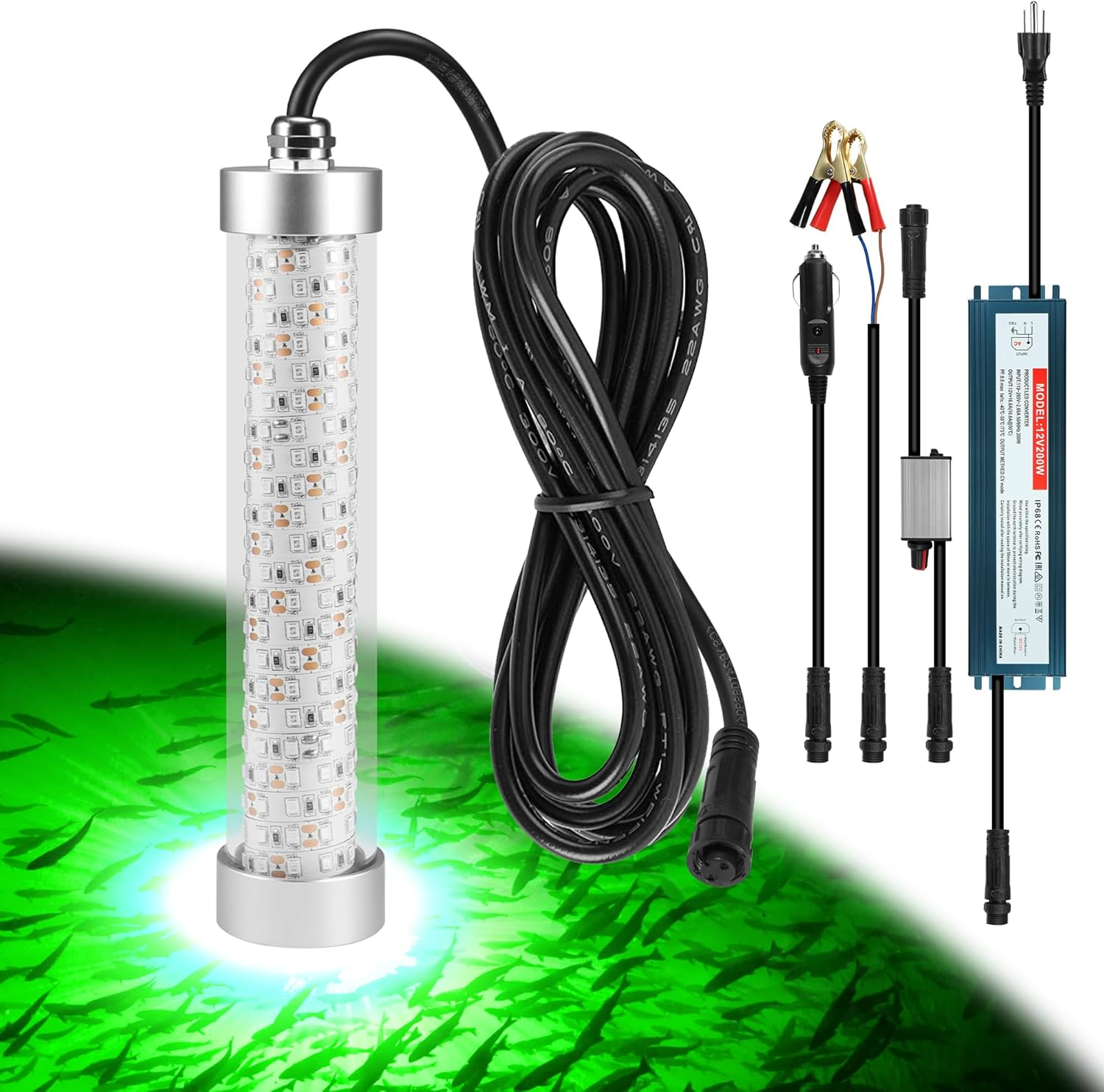 F3 Dimmable Green Underwater Fishing Light 110V&12V / 200W 20000LM Fish Light Attractants for Crappie Squid Shrimp Snook Bass at Night, with 5%~100% Brightness Dimmer(33Ft Cable)