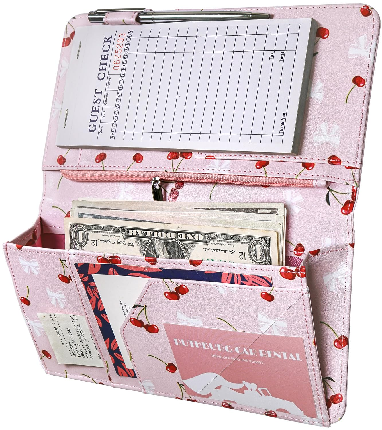 Cute Server Book for Waitress, Waiter Book with Zipper and Magnetic Pocket, Cherry & Bow Print Serving Book for Waitstaff in Restaurants, Leather Waitstaff Organizer Fits Server Aprons(Pink)