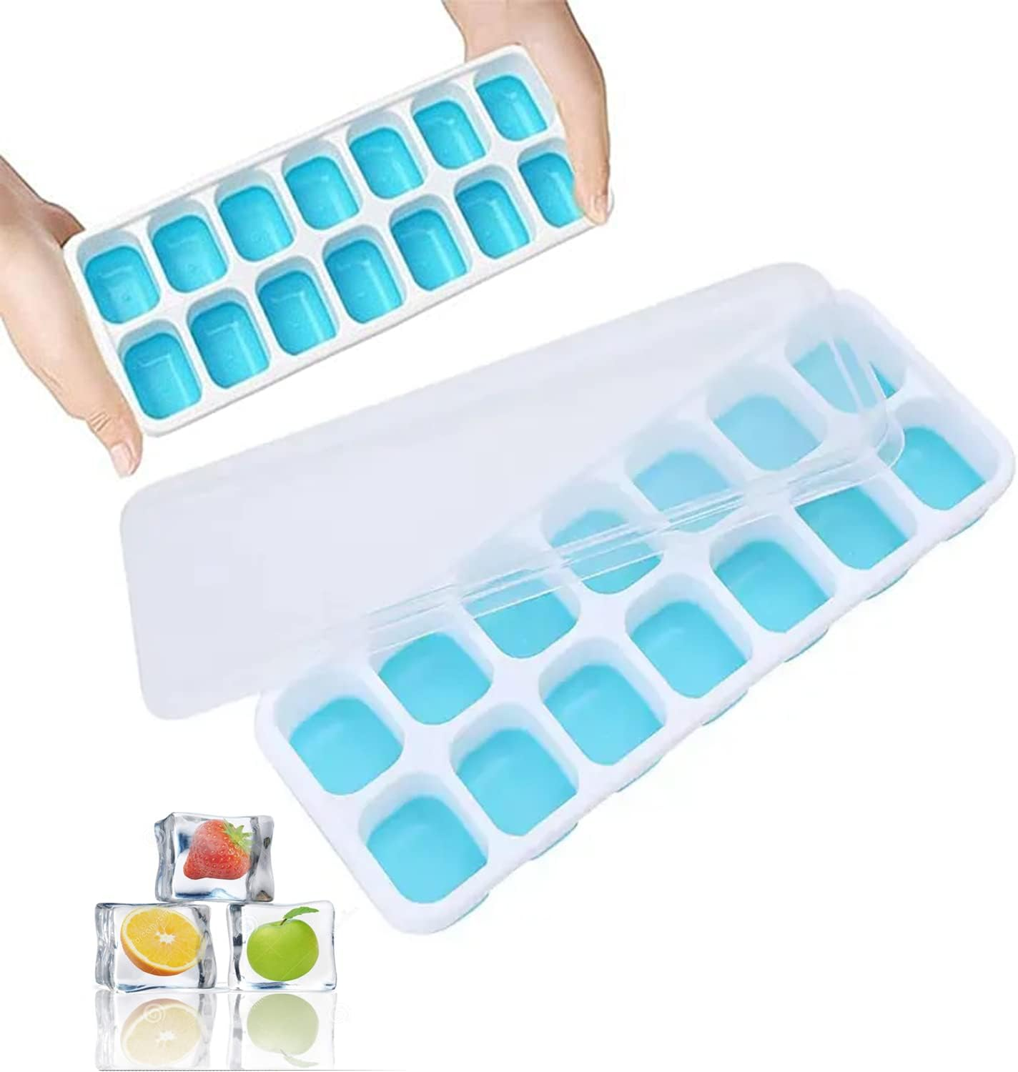 2 Pack Silicone Stackable Ice Cube Trays, Reusable Flexible Silicone Ice Cube Trays with Spill-Resistant Removable Lids, Easy Release Ice Maker Tray - Easy to Use & Dishwasher Safe (White+Blue)