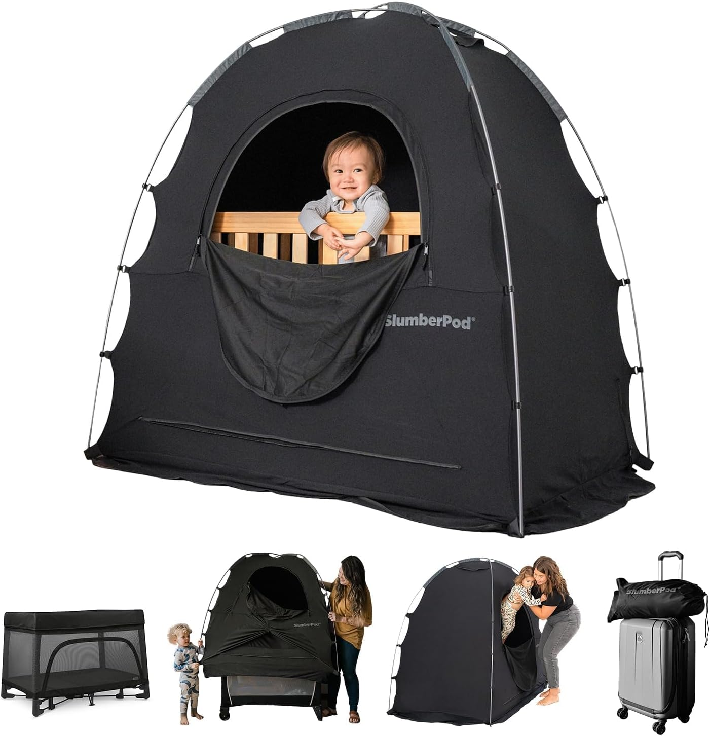 Slumberpod the Original Blackout Sleep Tent Travel Essential for Babies and Toddlers, Mini Crib and Pack N Play Cover, Sleep Pod for Kids with Monitor Pouch and Fan Pouch, Blocks 95%+ Light, Black