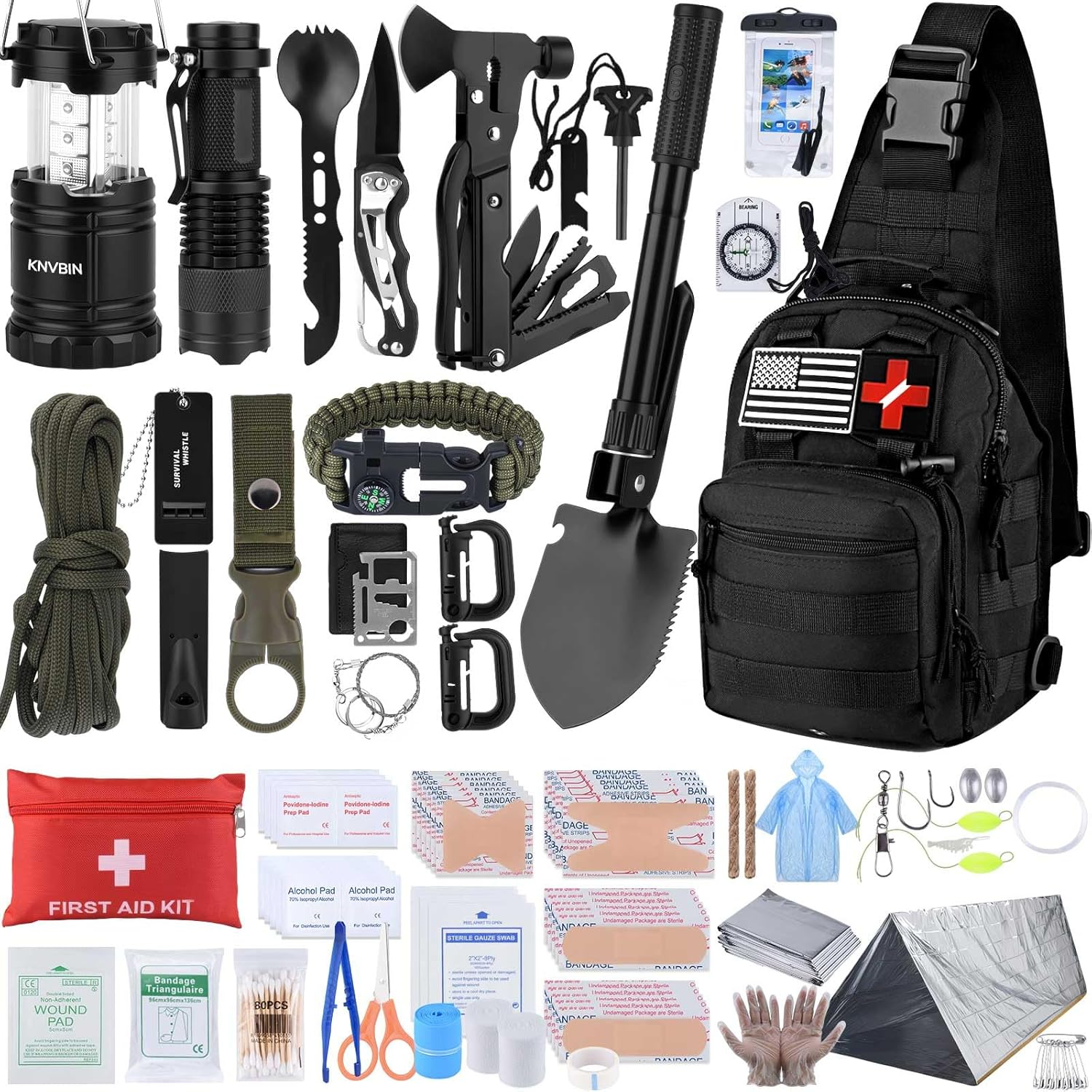 Survival Kit, 250Pcs Survival Tools Tactical Gear and Trauma Bag, Survival First Aid Kit with Molle Crossbody Bag & Emergency Tent for Earthquake, Bug Out, Outdoor Adventure, Gifts for Christmas Men