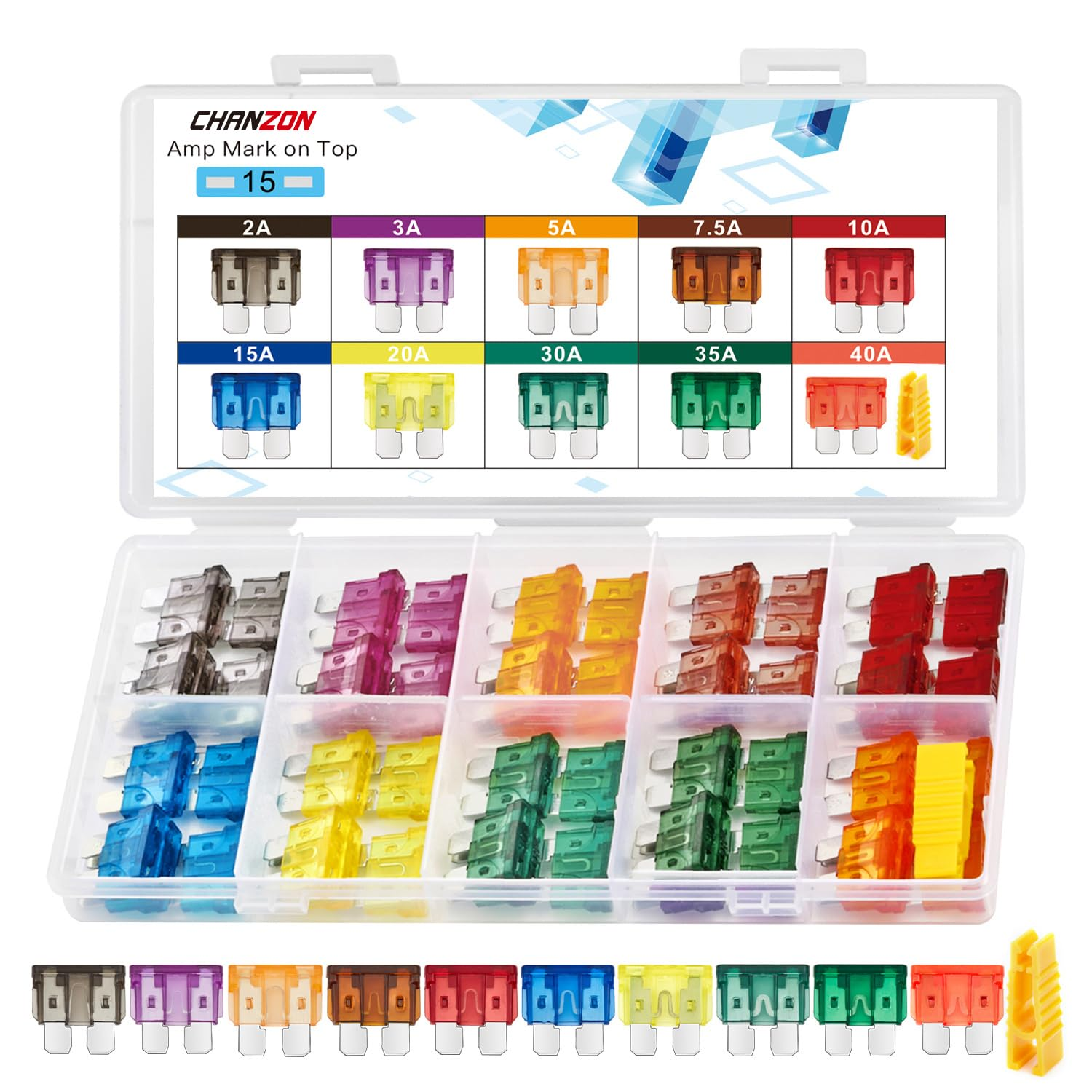 Standard Blade Fuse Assortment Kit ATC ATO APR 10 Values 5 Each:2A,3A,5A,7.5A,10A,15A, 20A, 30 Amp,35A,40A Spare Auto Fuses Set Assorted 32V 12V Car Truck RV Automotive Motor 50 Pack