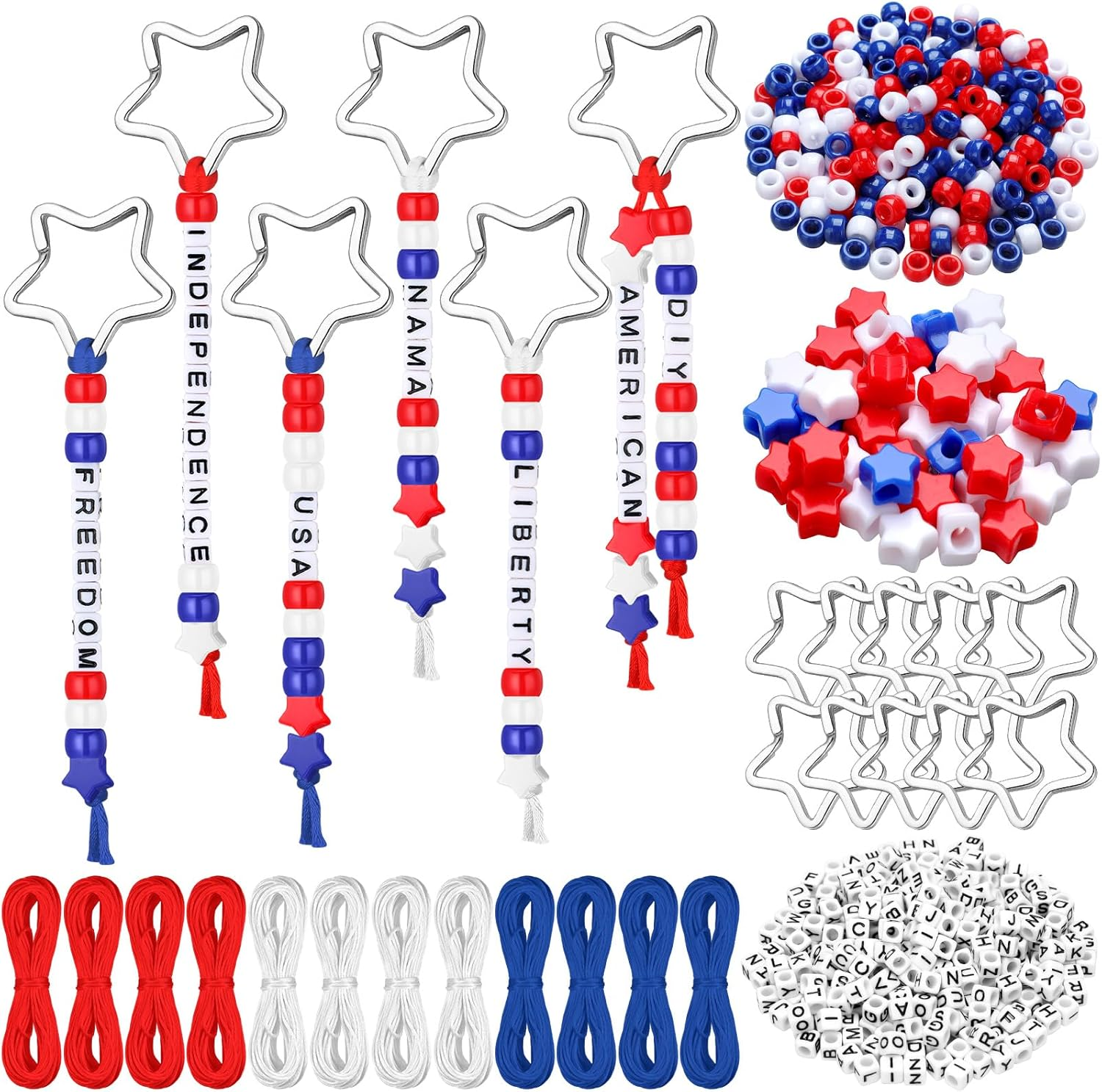 564 Pcs Patriotic Keychain DIY Making Kit Star Bead Keychain Kit Independence Day Key Chain 250Th Anniversary Making Craft Adjustable Memorial Day Gift Accessories Favor(Red Blue White)
