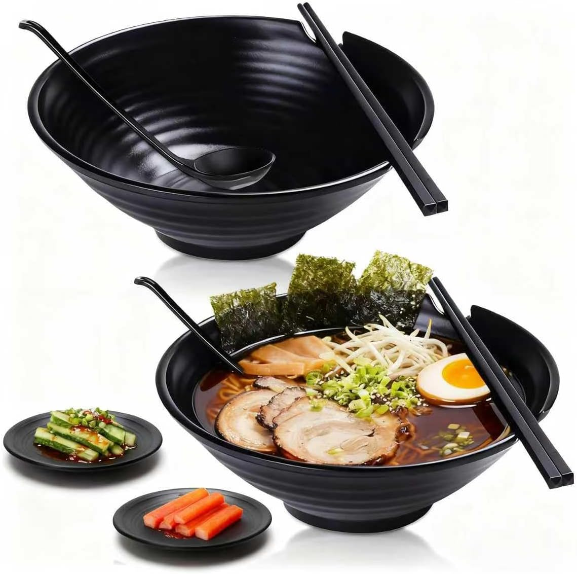 Unbreakable Japanese Style Ramen Bowl Set of 2, 37Oz Black Large Matte Melamine Bowls and Spoons Set with Chopsticks & Saucers for Pho Thai Miso Udon Soup Noodles or Asian Food