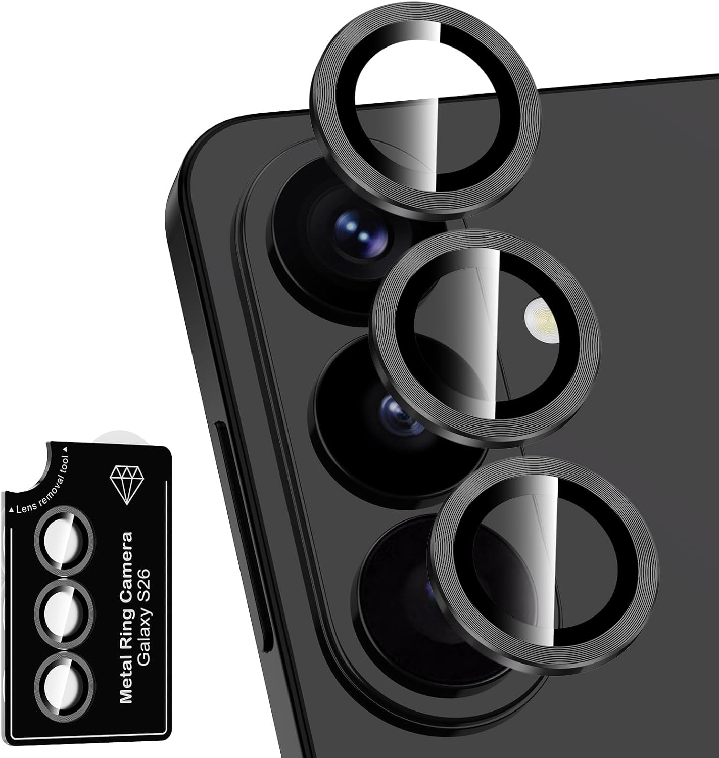 For Samsung Galaxy S26 Camera Lens Protector, Individual Metal Ring Tempered Glass Lens Cover, [Strong Adsorption] Scratch Resistant Ultra-Thin HD Clear Lens Cover, 1 Set-Black