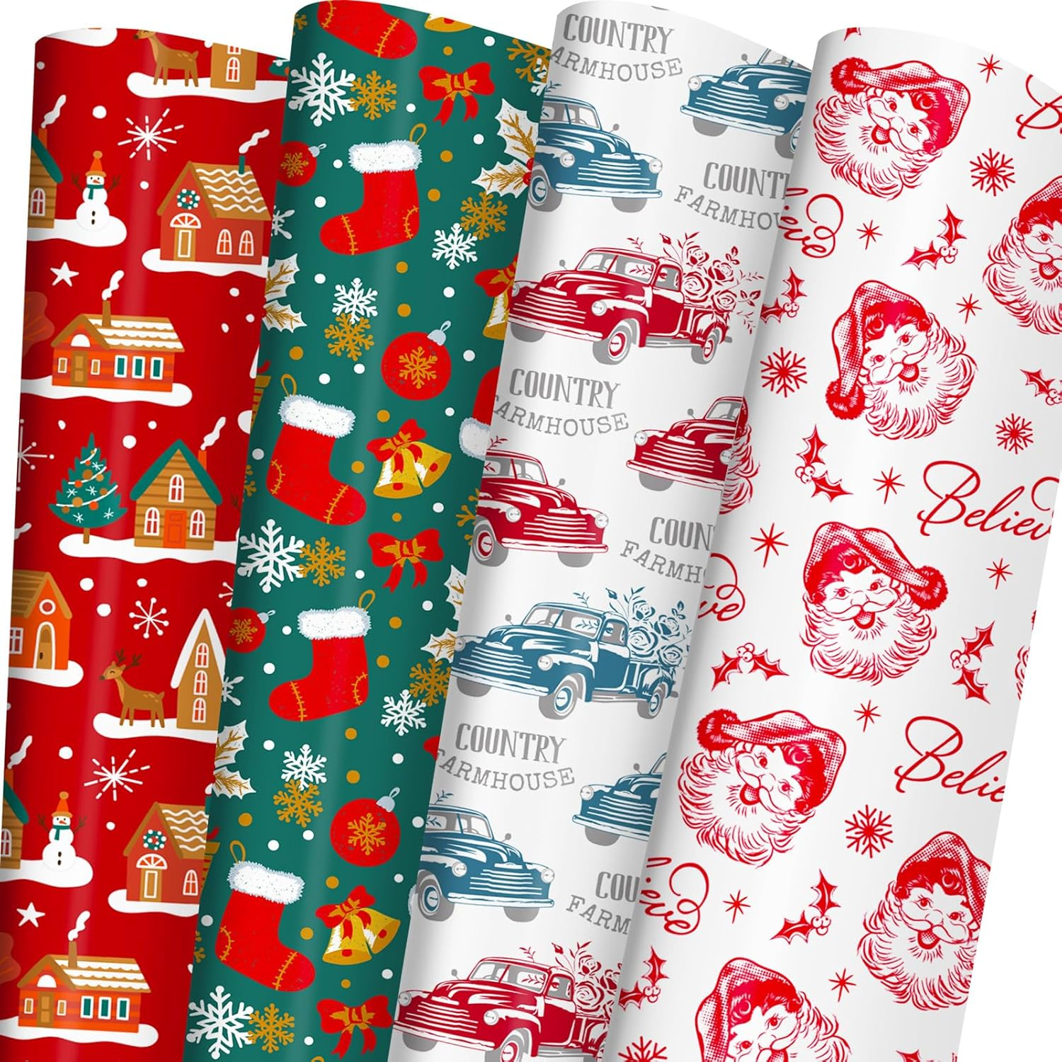 Christmas Wrapping Paper Bundle for Kids - Santa Wrapping Paper Red Christmas