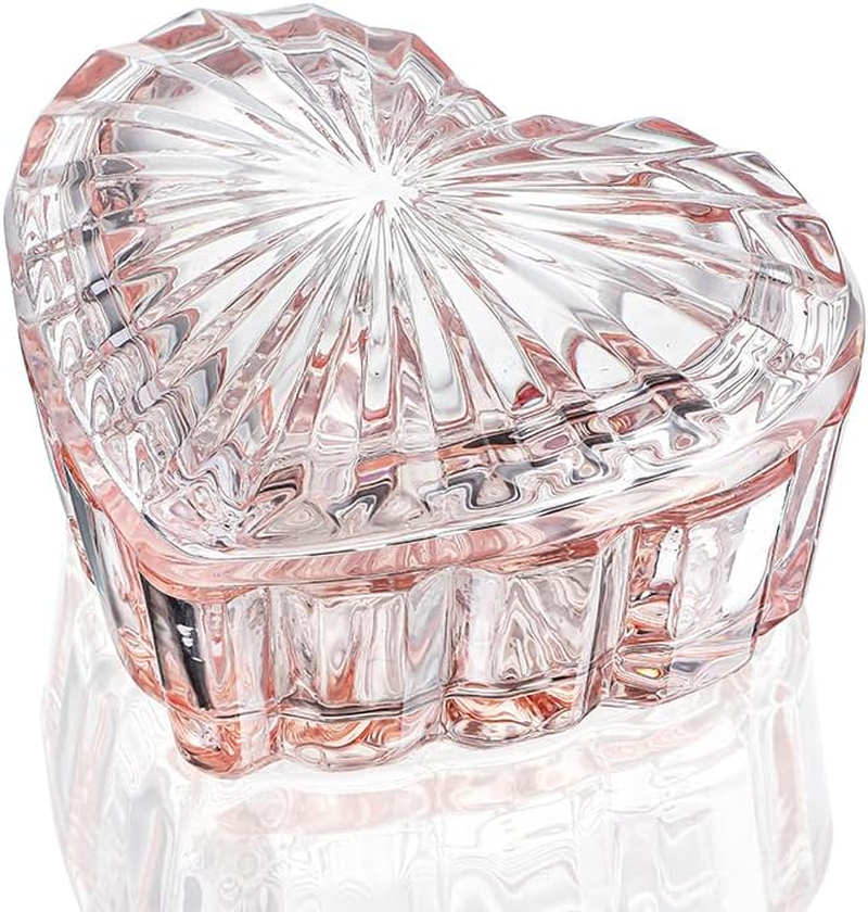 Glass Heart Shaped Jewelry Box Candy Dish with Lid Ring Earring Trinket Storage Box Vintage Jewelry Organizer Decorative Jar Gift for Women Girls(Pink)