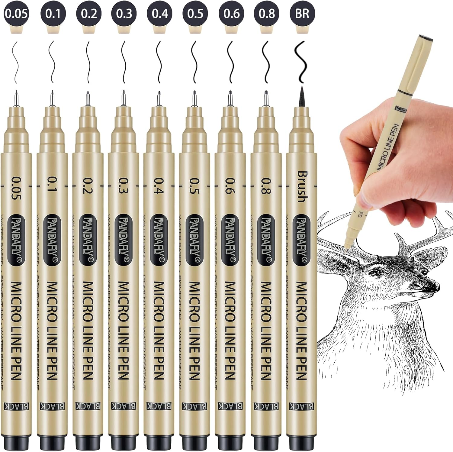 PANDAFLY Black Fineliner Pens, 9 Size Waterproof Art Drawing Set