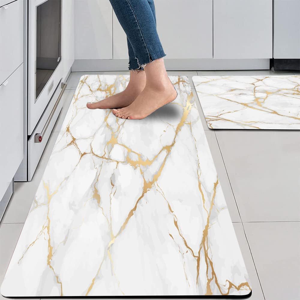 Gold White Kitchen Rugs Cushioned anti Fatigue 2 PCS Marble Kitchen Mats PVC Non Slip Waterproof Kitchen Mats for Floor Sink Laundry Office
