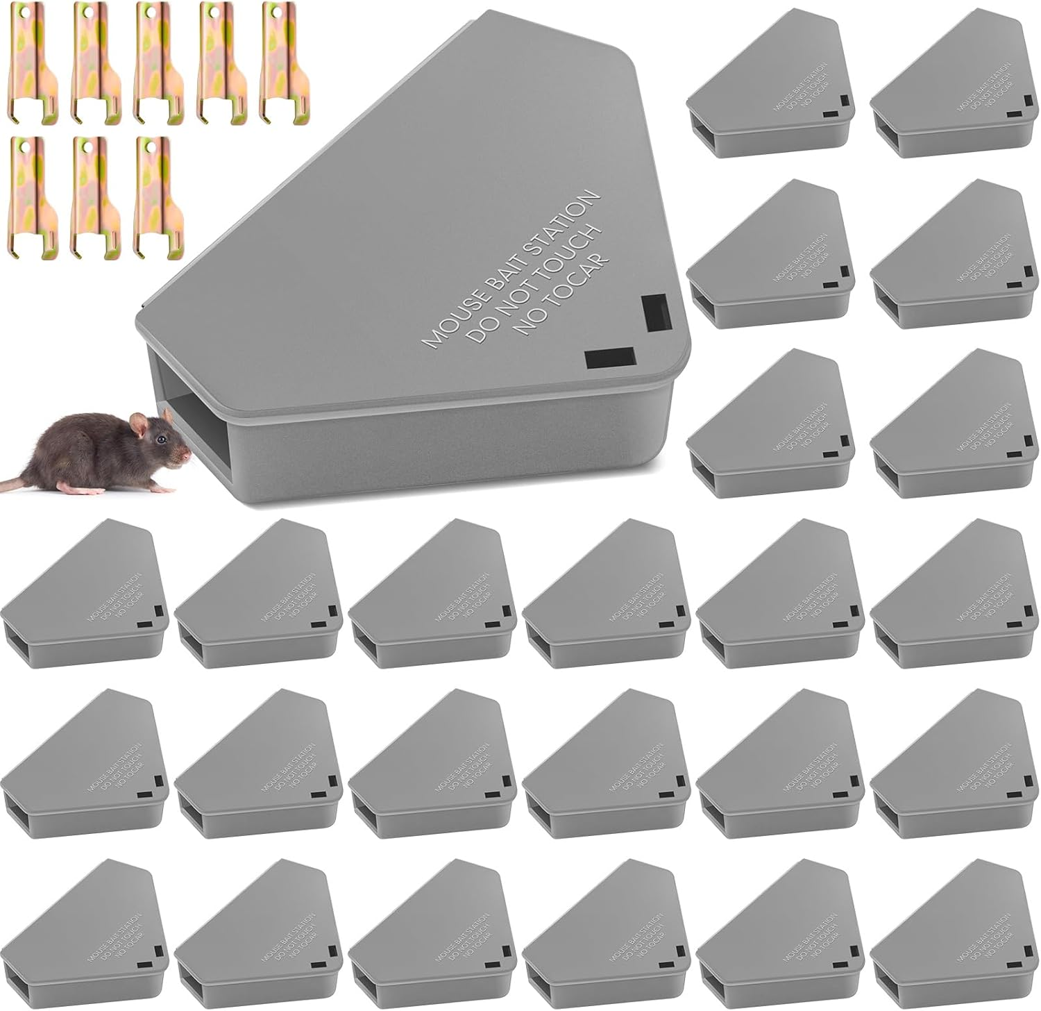 24 Pcs Mice Station with Key Triangle Mouse Station Lockable Reusable Bait Box, Enclosed Design for Indoor and Outdoor Use, Suitable for Small Mice (Gray)