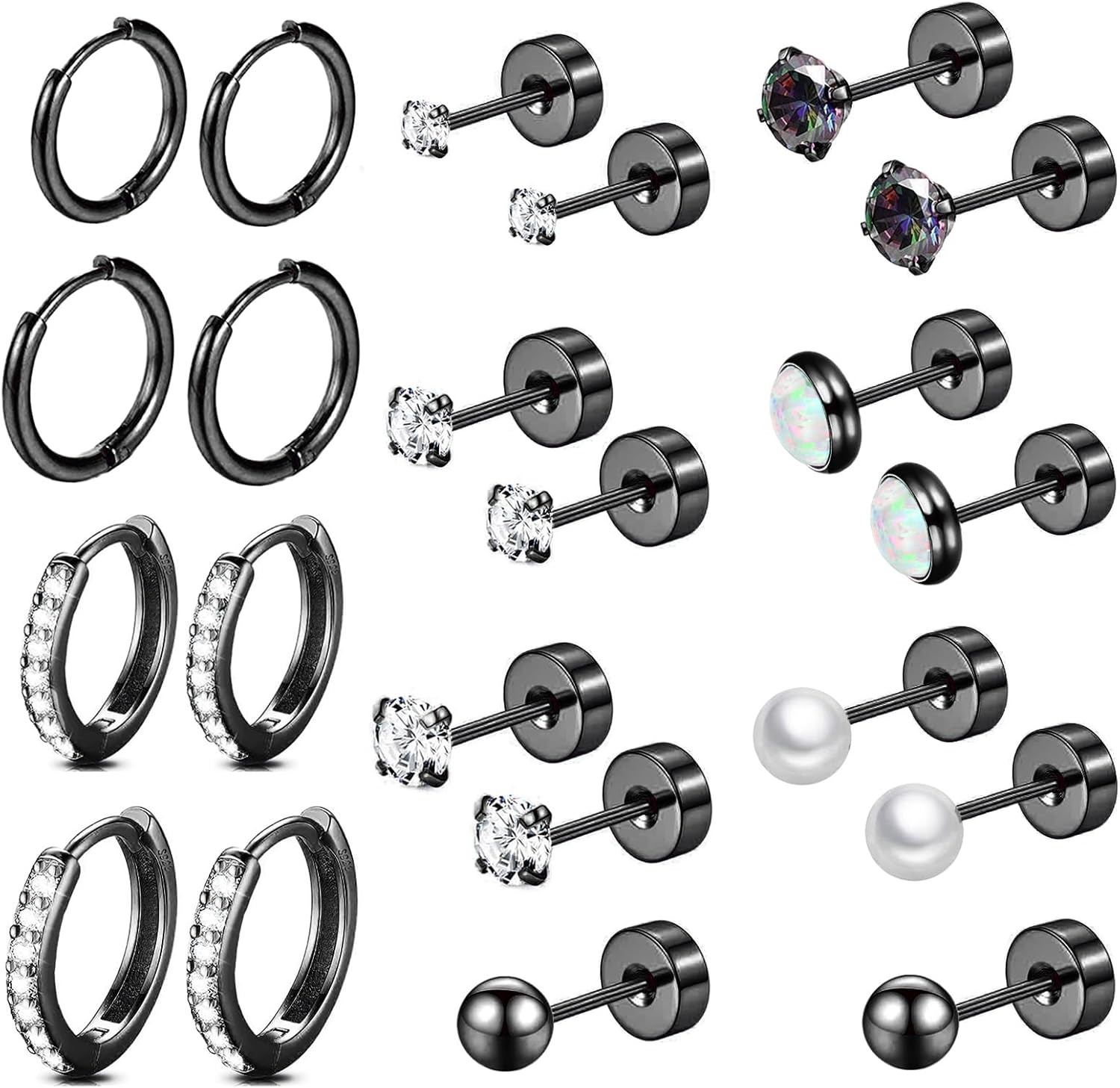 Surgical Steel Flat Back Earrings Set for Multiple Piercing Sensitive Ears,Sterling Silver Hypoallergenic Small Cartilage Huggie Hoop Earrings Titanium Tiny CZ Pearl Opal Stud Earrings for Women