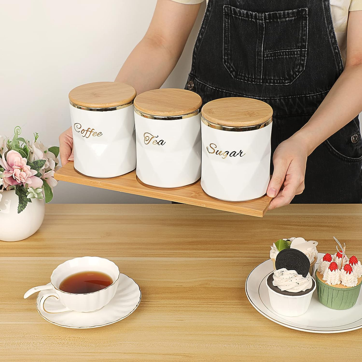 JUXYES Set of 3 Ceramic Canisters Set for Sugar Coffee Tea, Luxurious Storage... - Picture 5 of 14