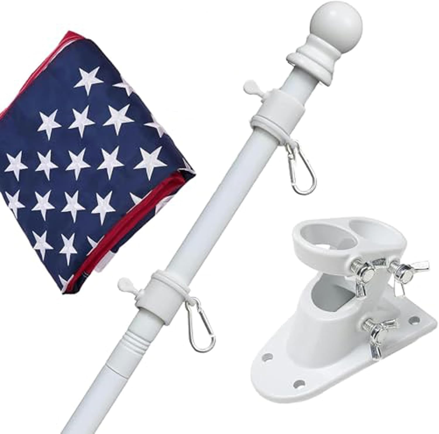 Flag Pole Kit with 3X5 American Flag - Includes 5Ft Heavy Duty Tangle Free Flagpole,Embroidered 3X5 US Flag,Aluminum Mount Holder Bracket,Metal Flagpoles for outside House,Porch,Outdoor - White