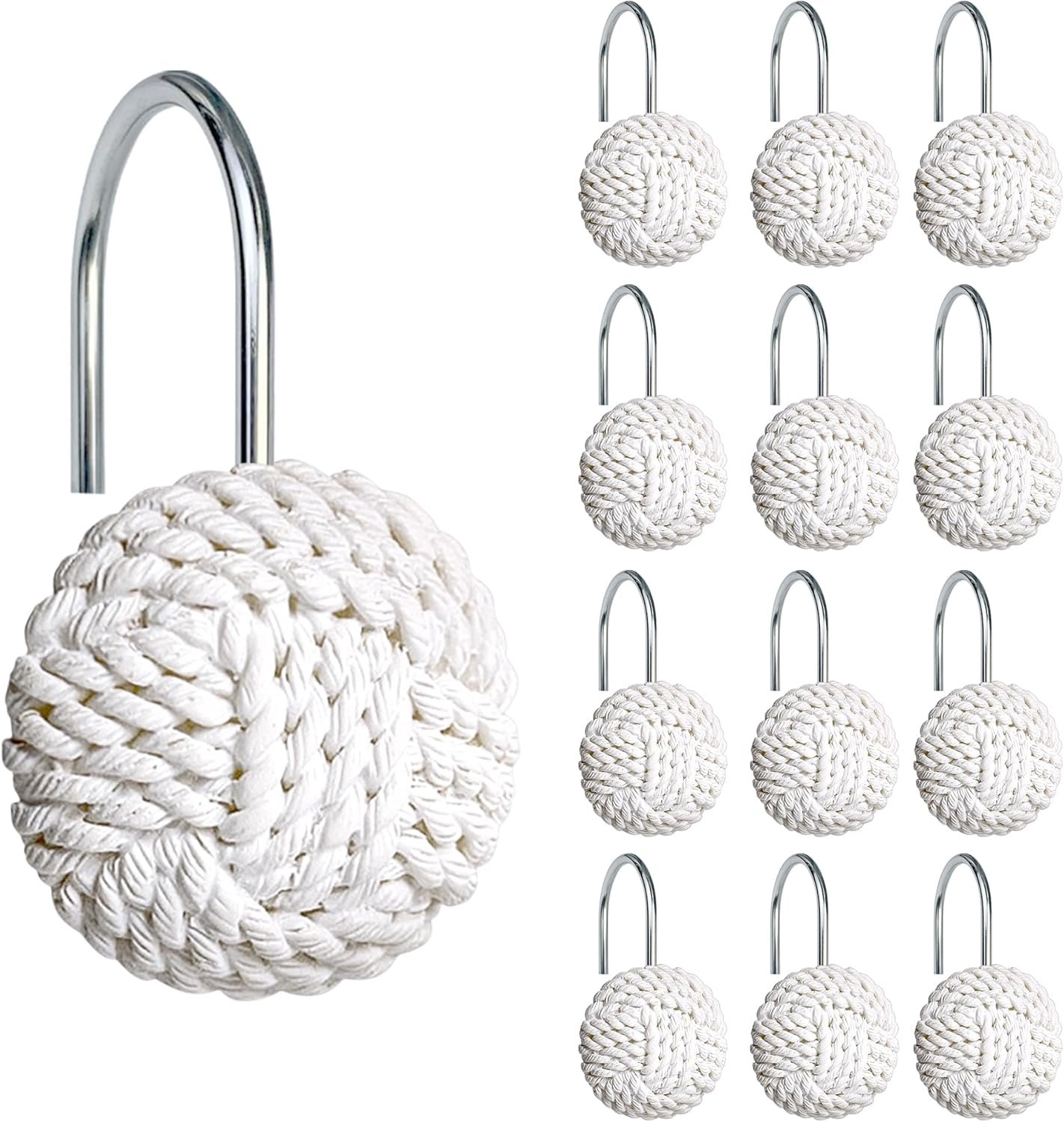Boho Knots Shower Curtain Hooks, Home Decorative White Shower Curtain Rings for Bathroom, Seaside Nautical Shower Curtain Hangers Bathroom Accessories, Set of 12