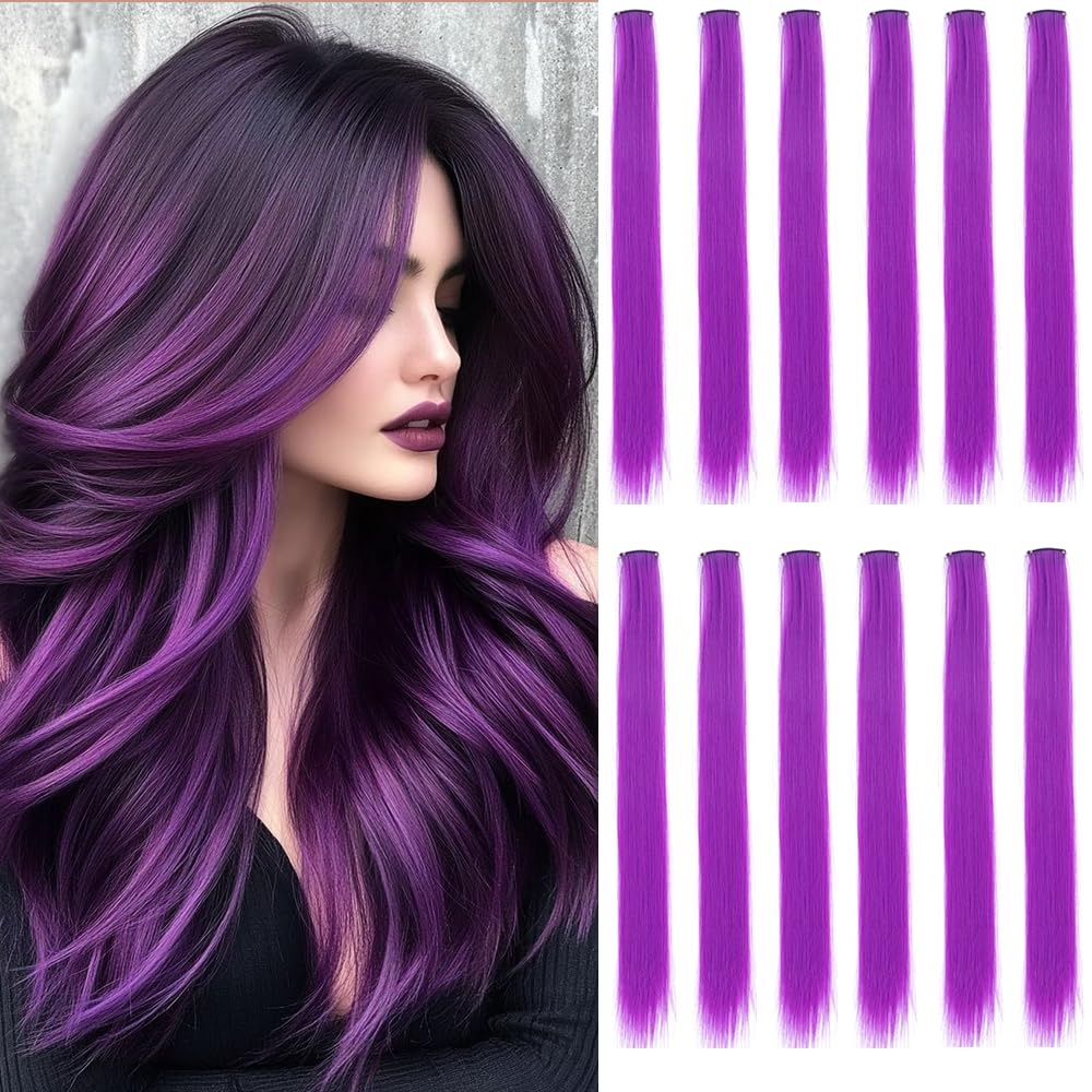 12 Pcs Purple Hair Extensions 22 Inch Straight Colored Hair Colorful Clip in Extensions Highlight Party for Kids Girls and Women Gift(Purple,24)