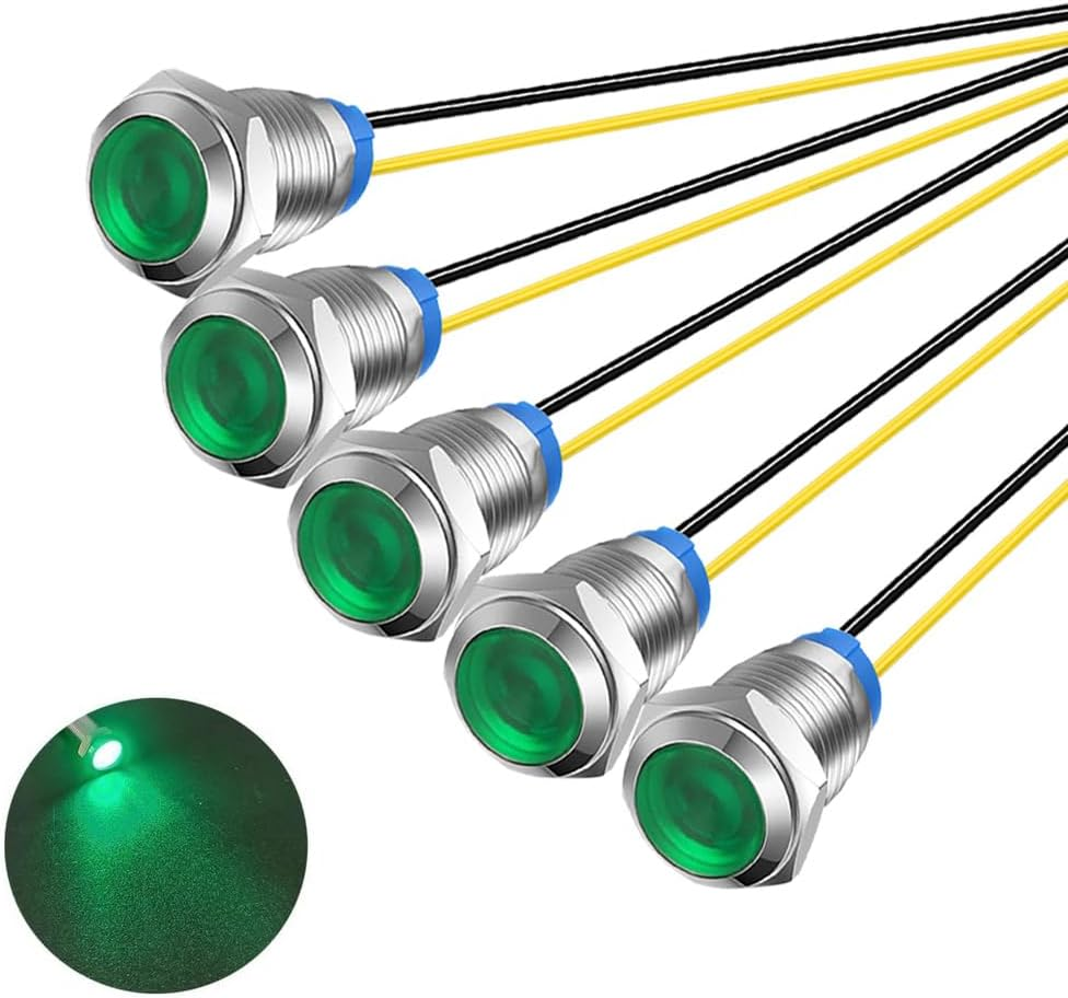 5Pcs 10Mm LED Metal Indicator Light 110V-220V AC Waterproof Signal Lamp (Green)