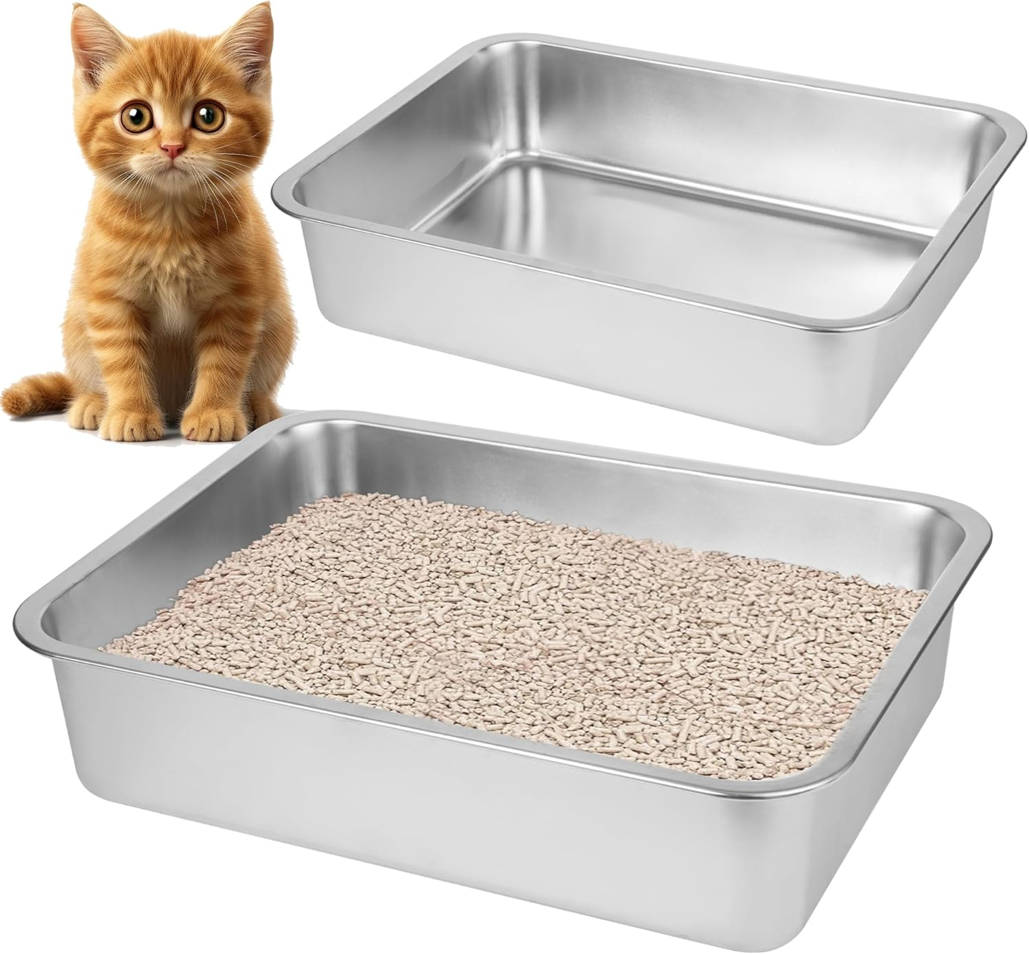 2 Pack Stainless Steel Cat Litter Box(17.5