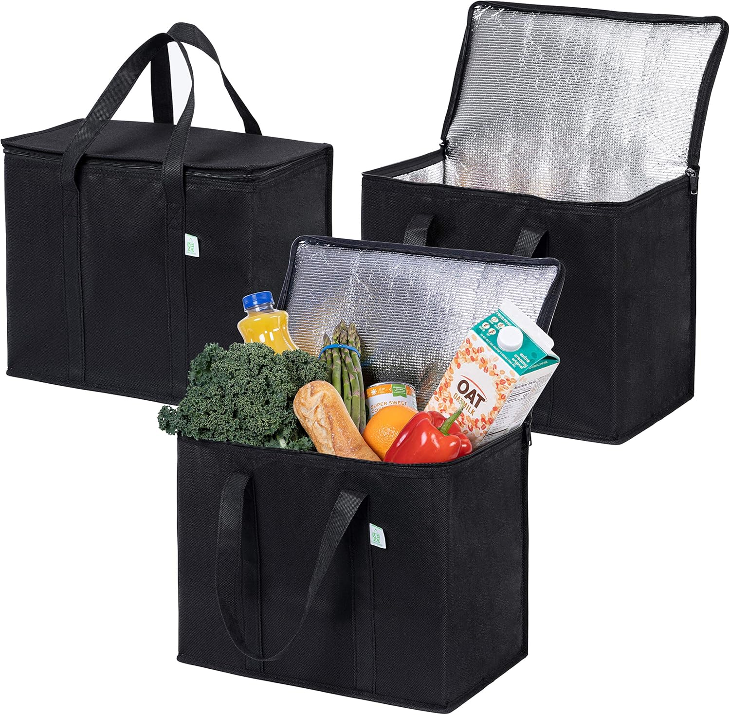 3 Pack Insulated Reusable Grocery Shopping Bag, Food Delivery, Cooler Bag, Heavy Duty, Large Size, Durable Handles, Dual Tab Zips, Lid, Stands Upright, Collapsible, Sustainable (Black, 3 Pack)