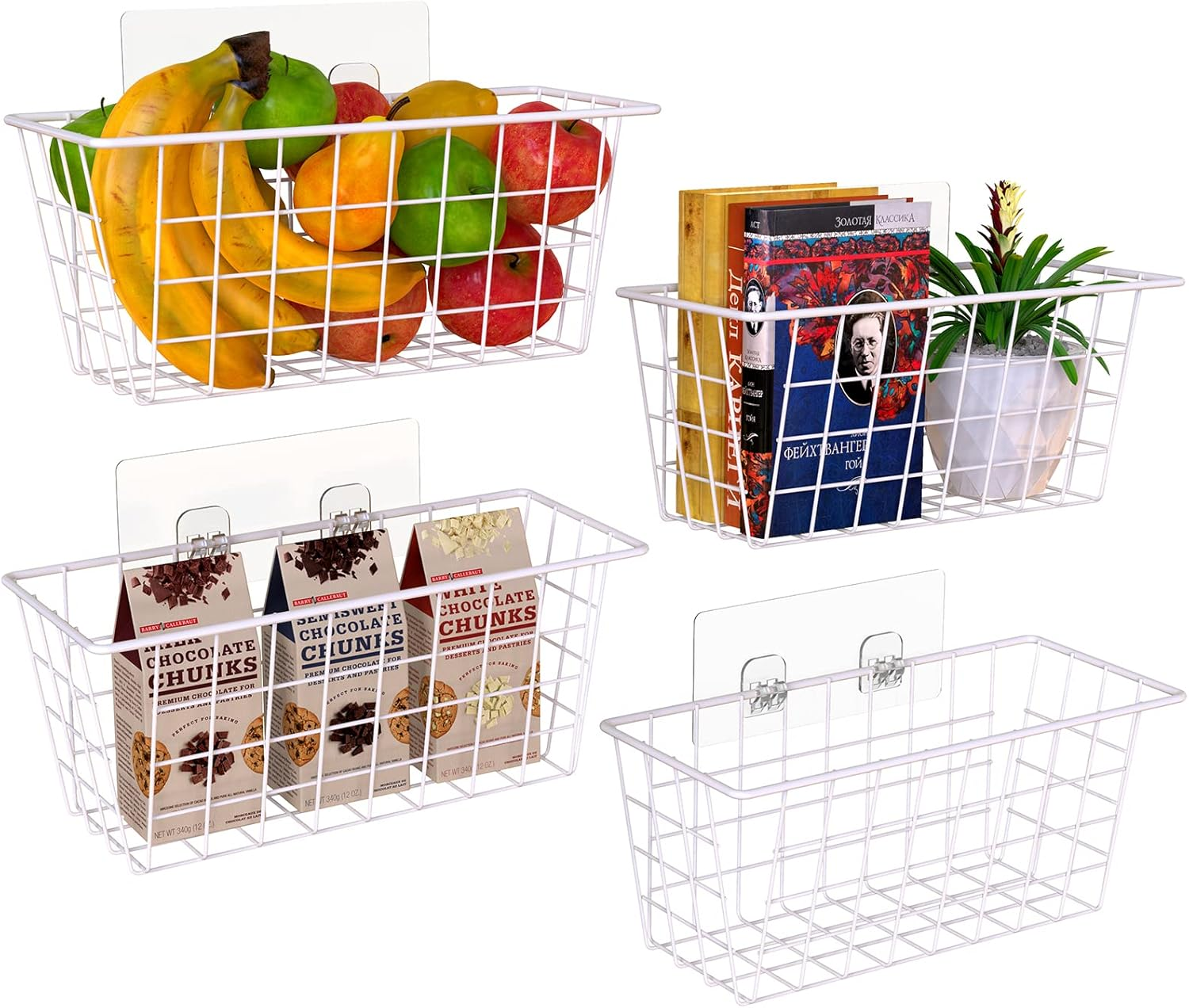 Wall Wire Baskets Adhesive Basket Hanging Kitchen Baskets No Drilling for Cabinet & Pantry Organization and Kitchen, Bathroom, Bedroom Storage, 4 Pack, White
