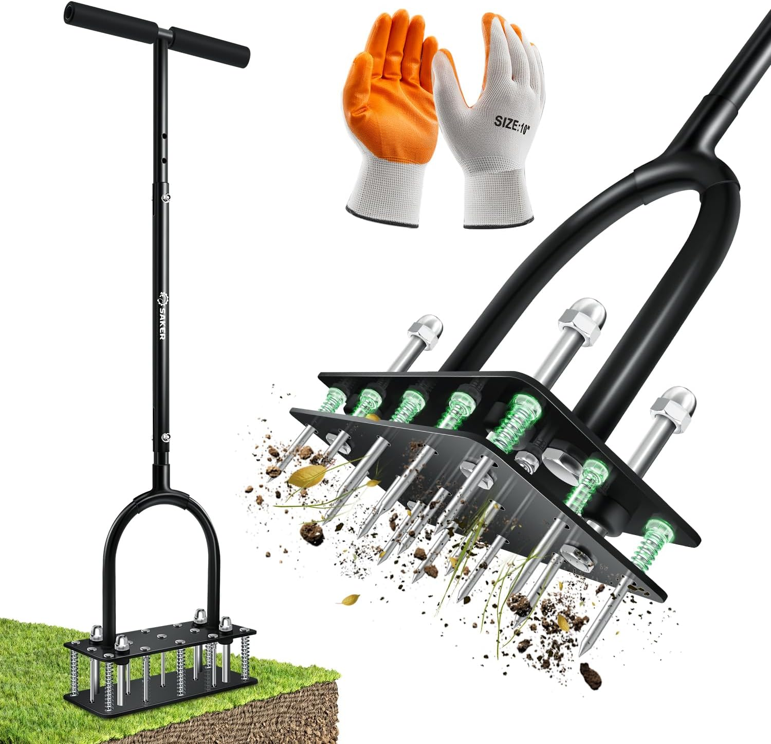 Manual Lawn Aerator Tool with 15 Iron Spikes Adjustable Height, Double-Layer Spring, Heavy-Duty Iron Lawn Aerator Tool with Gloves for Loosening Soil Aerating Patio, Yard, Garden Black