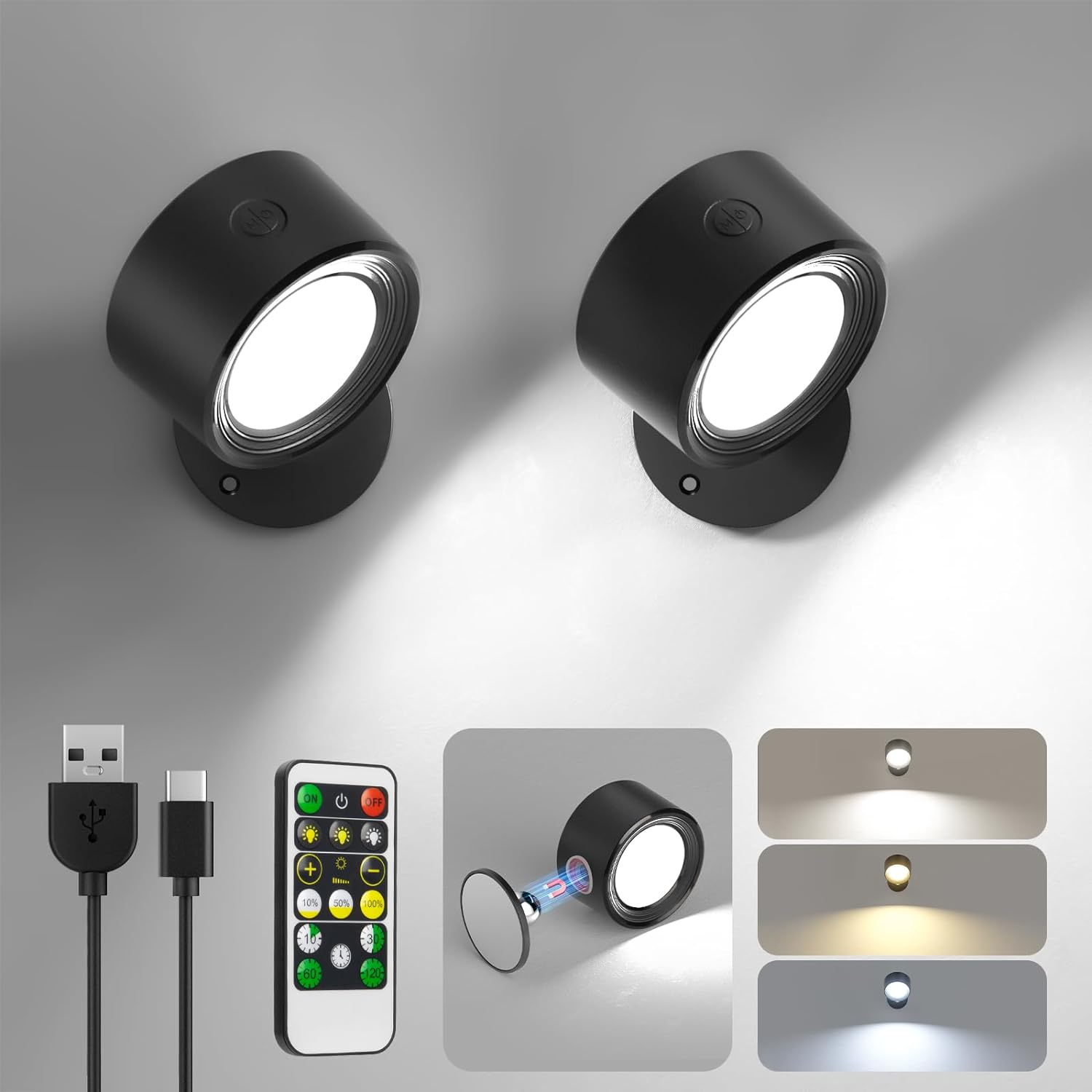 LED Wall Mounted Lights 2 Pcs with Remote, Wall Sconces Lamp 3000Mah Rechargeable Battery Operated, 3 Color Temperatures & Dimmable Magnetic 360° Rotation Cordless Light for Bedroom Bedside