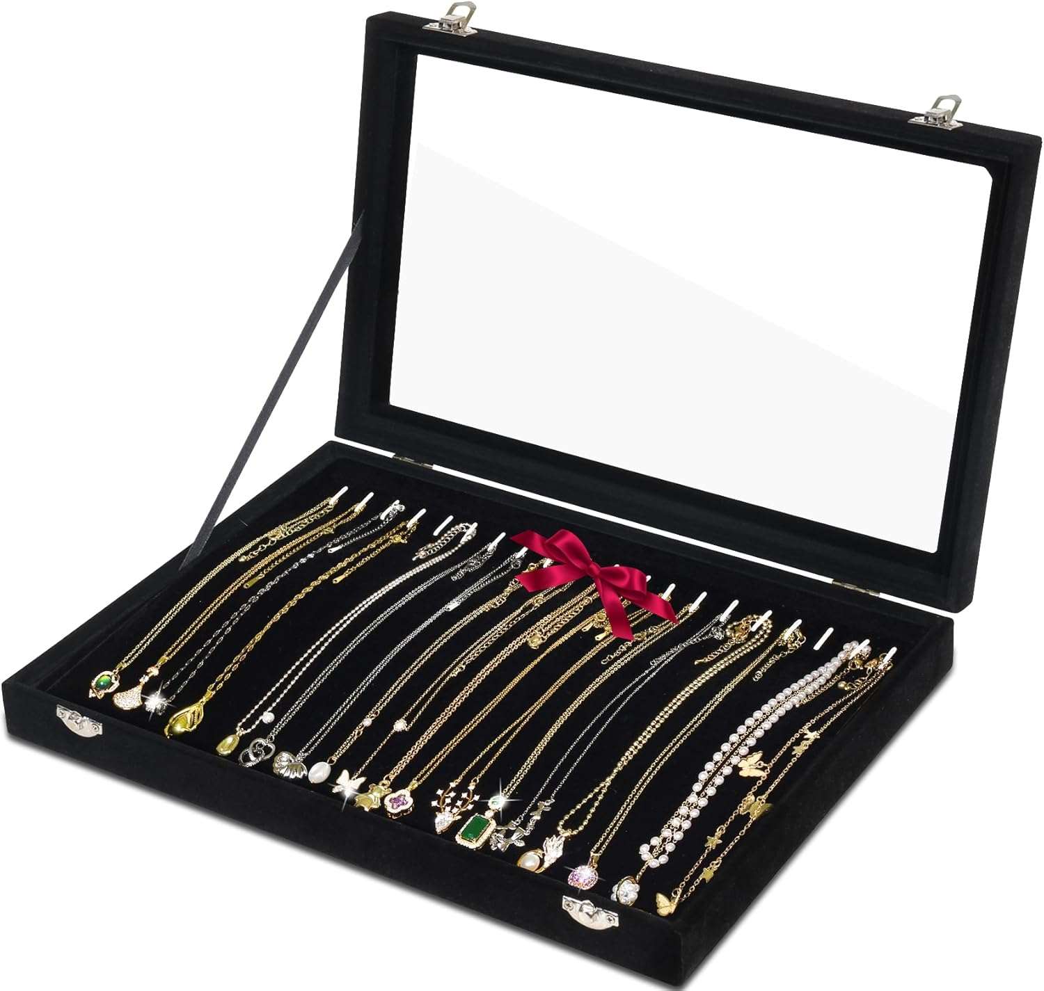 Necklace Organizer Box, Tray with Clear Lid, Velvet Dustproof Necklaces Holder Storage Display Case, 20 Hooks Glass Top Jewelry Tray Drawer Insert for Pendant Bracelet