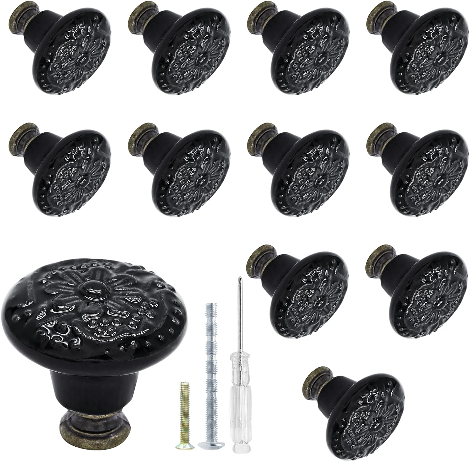Biaungdo 12 Pcs Black Ceramic Vintage round Drawer Knobs - Retro Ceramic Dresser
