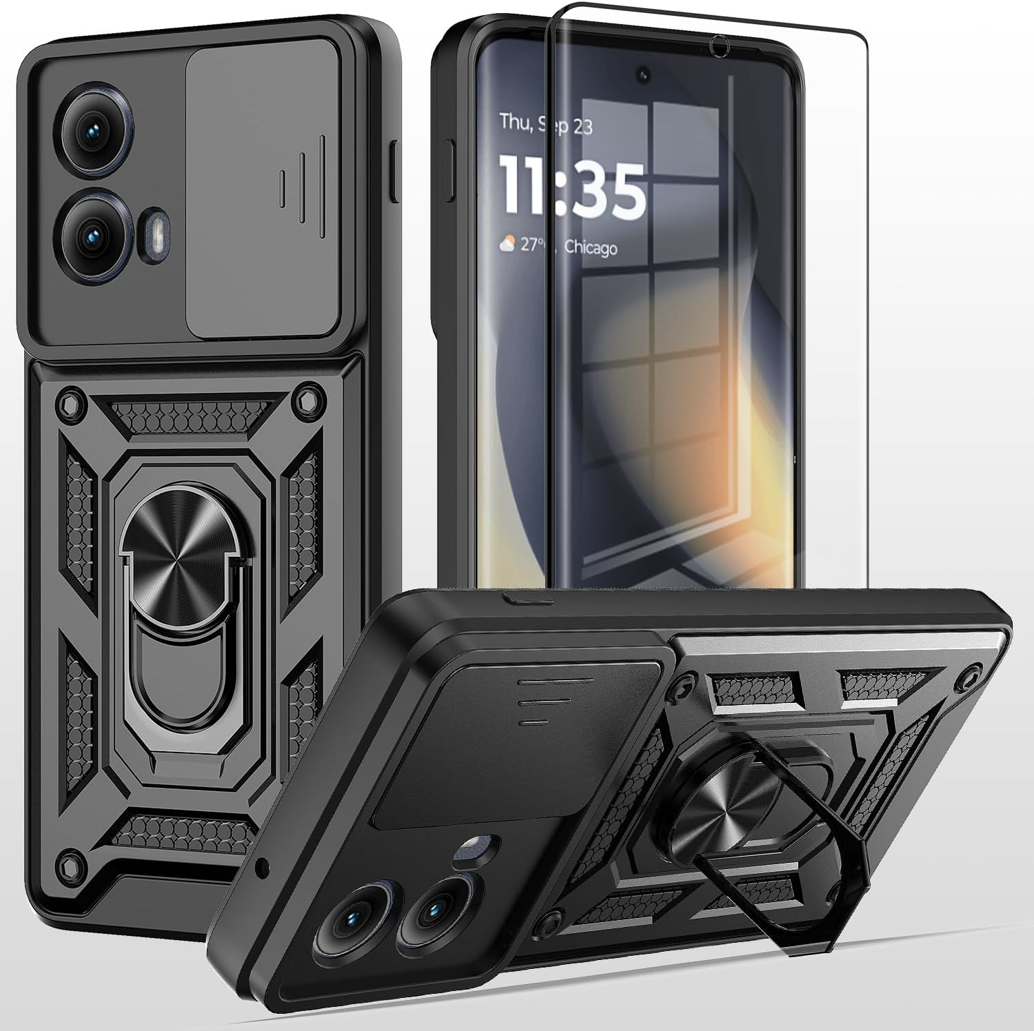 For Motorola Edge 2024 Case with Tempered Glass Screen Protector Protection Cover Shockproof Heavy Duty [Military-Grade] Rugged Phone Case with Kickstand for Motorola Moto Edge 5G 2024 (Black)