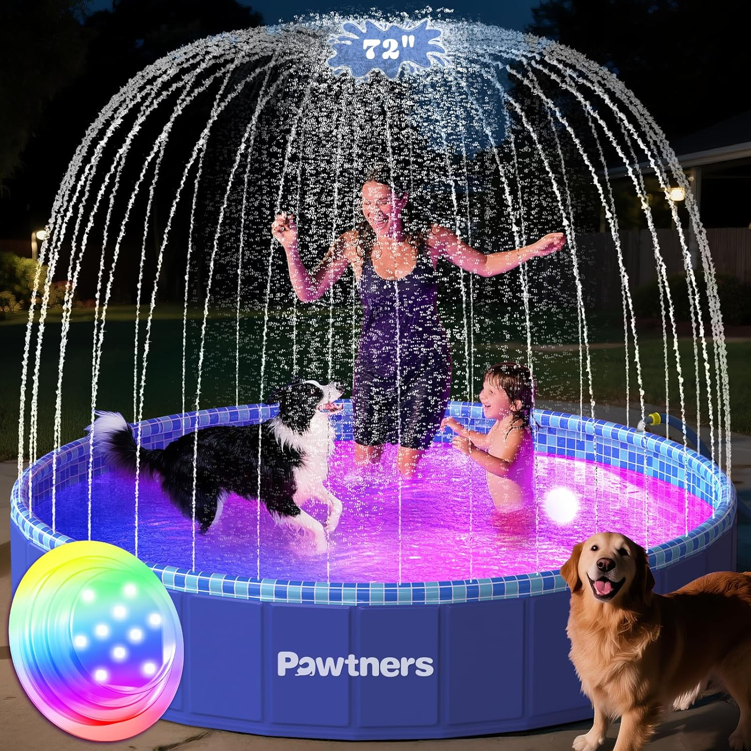 72'' Foldable Dog Pool for Large Dogs, 3 in 1 Portable Kids Swimming Splash Pool with Sprinkler & Light, Non-Slip Heavy Duty Hard Plastic Pet Bathing Tub for Outdoor Backyard