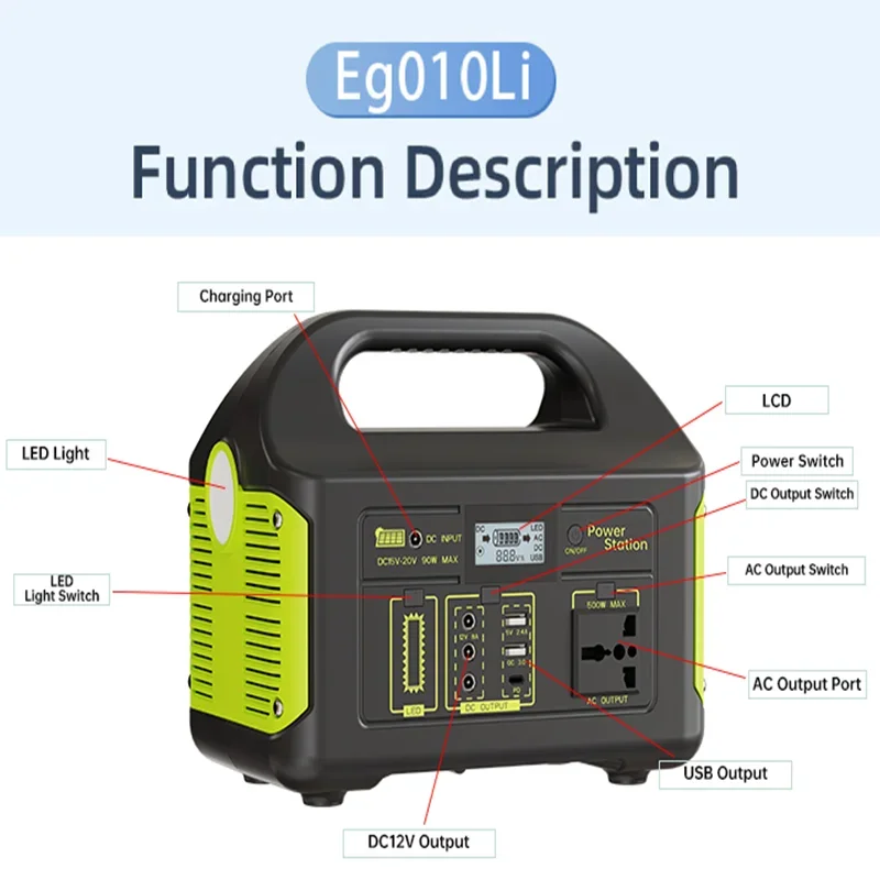 Portable Power Station 500W Solar Generator LiFePo4 Battery Camping Power Bank 384Wh 460.8Wh For Outdoor Indoor Emergency Use