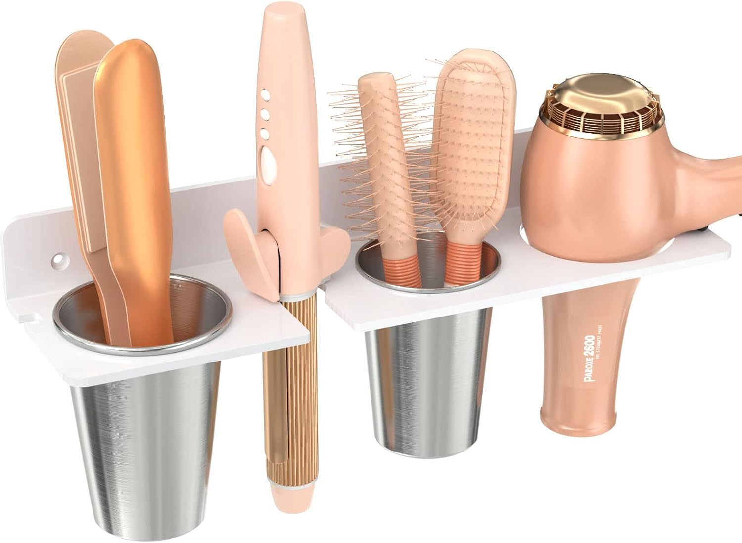 Hair Tool Organizer Wall Mount, White Hot Tool Holder with 2Cups, Bathroom Hair