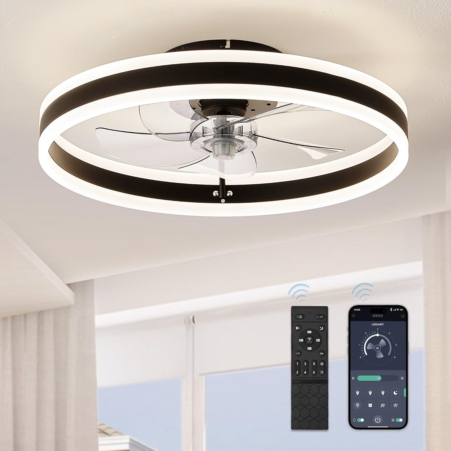 Low Profile Ceiling Fans with Lights, Flush Mount Modern Ceiling Fan and Remote Control, 19.7