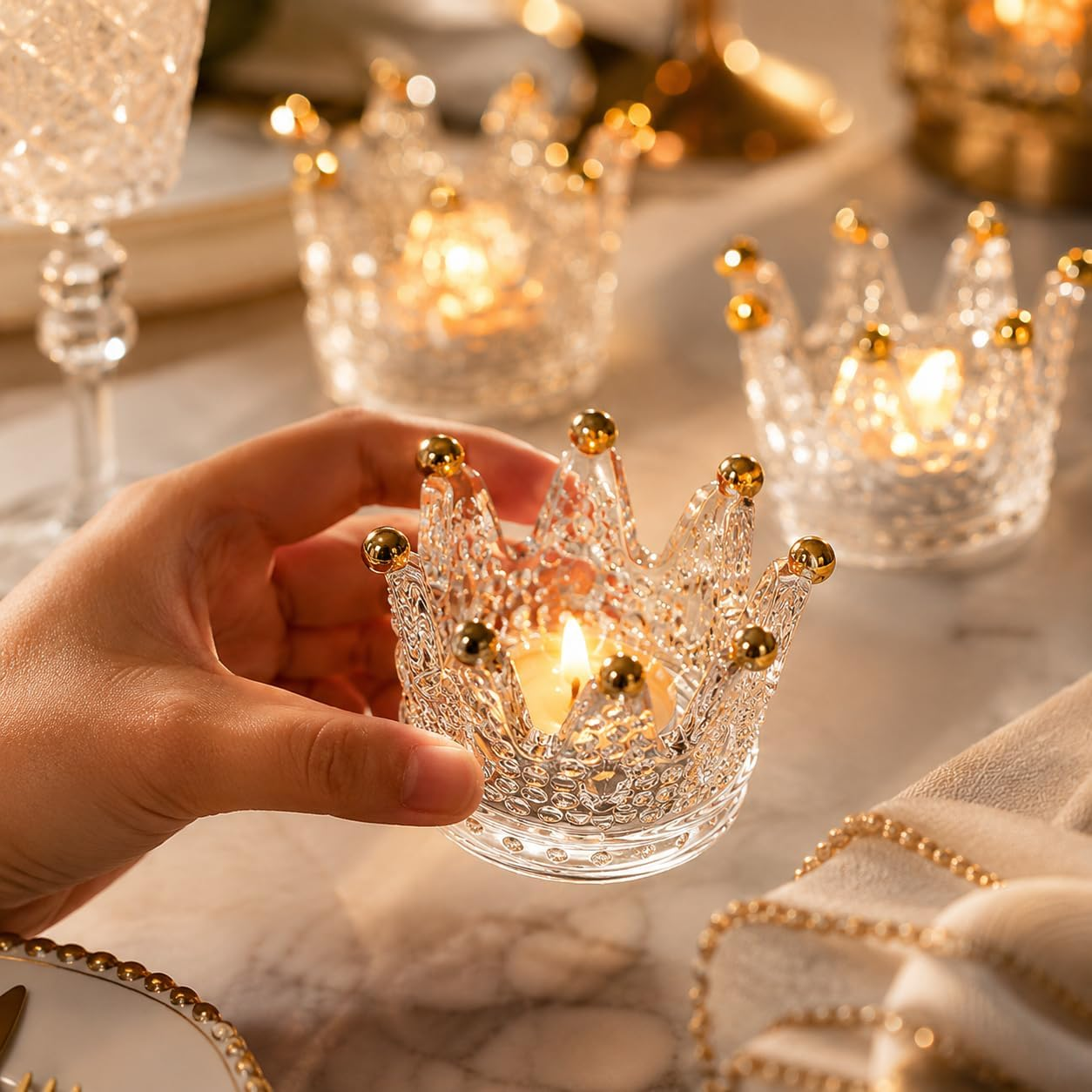 Votive Candle Holder Set of 12 – Crown Shape Glass Tealight Holder, Romantic Wedding Décor, Table Centrepieces & Home Styling, 7.6Cm Diameter