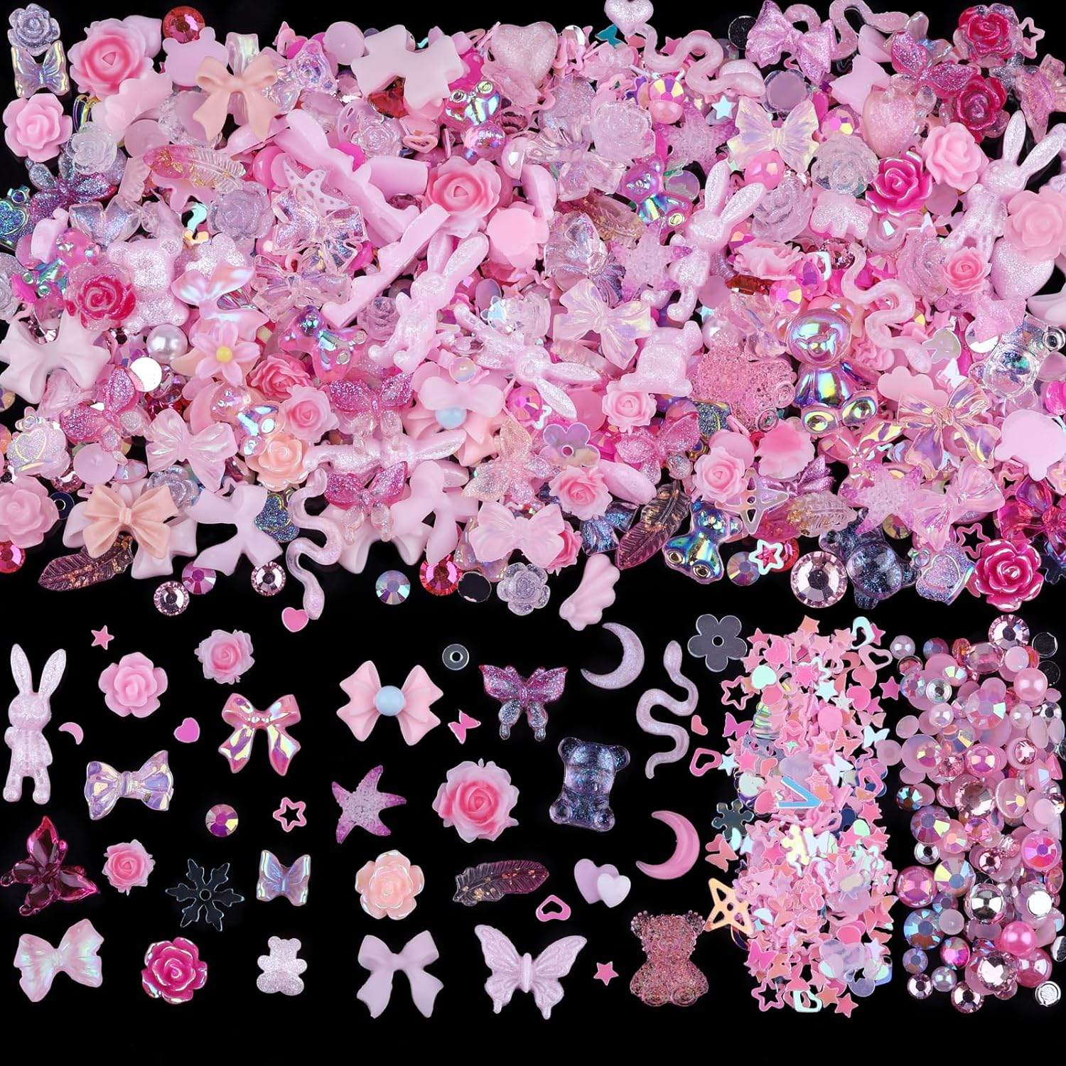 300pcs Nail Art Charms Kit,Over 100pcs Mixshape Resin Nail Gems and 100pcs-pink