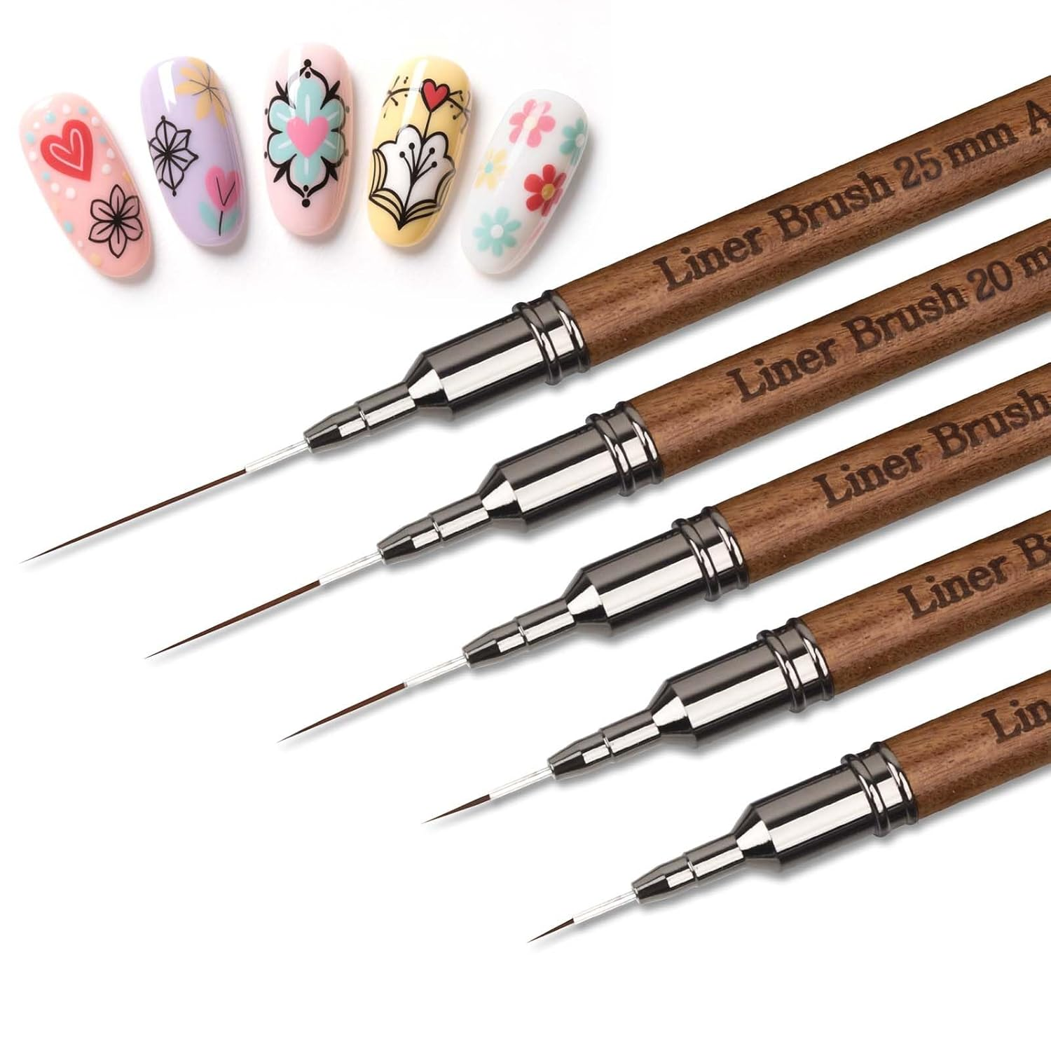 Wood Grain Nail Art Pens, Liner Brushes Set, 5PCS Brown Color Nail Tools for Long Lines, Thin Details, Fine Drawing, Liner Brush UV Gel Polish Painting Nail Design Sizes 5/12/13/20/25Mm
