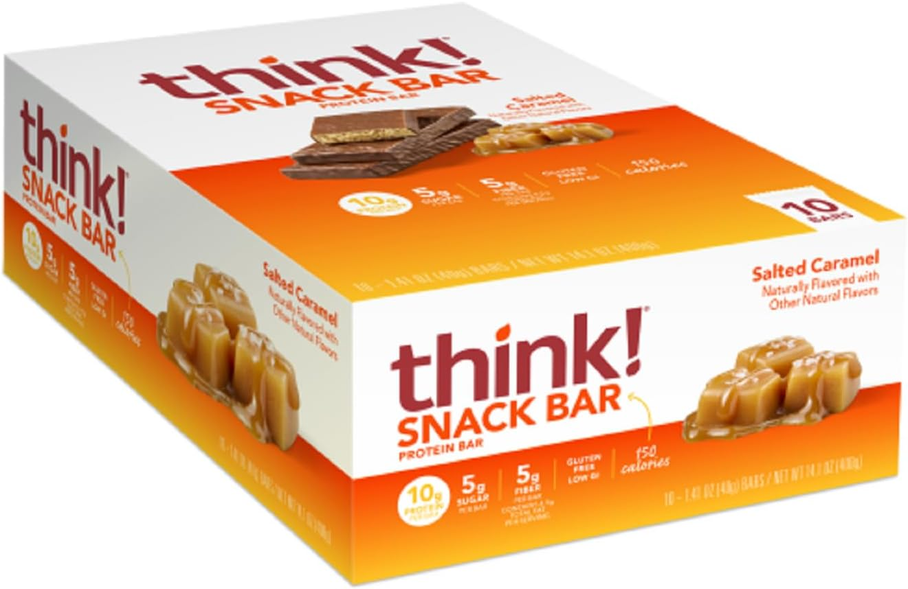 Think! Protein Bars with Chicory Root for Fiber, Digestive Support, Gluten Free with Whey Protein Isolate, Salted Caramel, Snack Bars without Artificial Sweeteners, 1.4 Oz (10 Count)