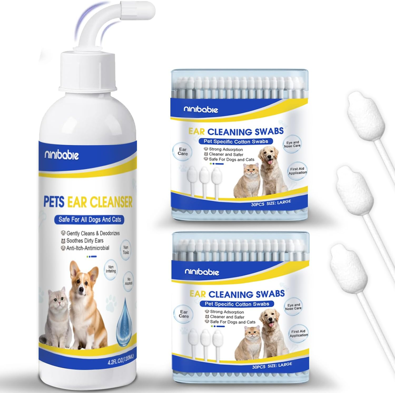 Ear Cleaning Solution for Dogs and Cats,Dog Ear Infection Treatment,Removes Wax and Odor with Pet Large Cotton Swabs 60Pcs,Helps for Dog Ear Wash&Cat Ear Cleaner