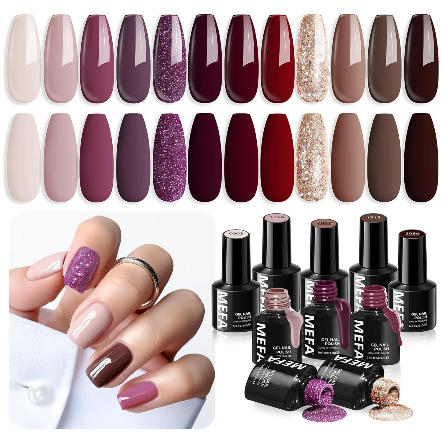 Fall Gel Nail Polish Set, 12 Colors Burgundy Red Nail Polish Set Champagne Gold Glitter Nail Polish Gel Soak off Dark Red Purple Shimmer Nude Brown Manicure Gifts for Women Girl DIY Salon Home