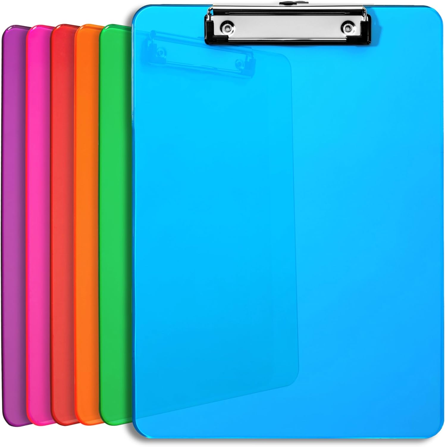 Plastic Clipboards with Low Profile Clip Set of 6-12.5 X 9 Inch Multi Color Plastic Clipboards Bulk - Clear Clipboards Bulk Classroom Holds 100 Sheets, Acrylic Clipboard Clear 6 Pack