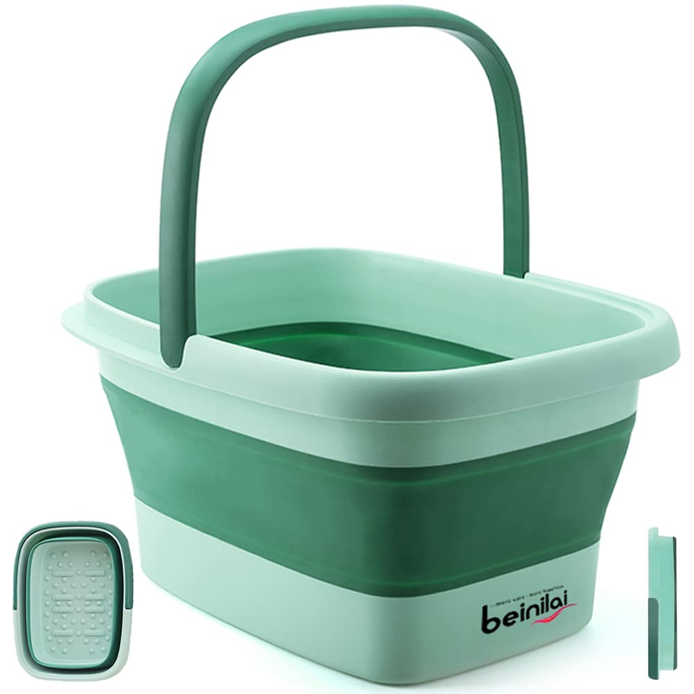 Collapsible Foot Bath Basin for Soaking Feet,Pedicure Foot Spa, Foot Tub with Handles and Massage Acupoint,Multifunction Collapsible Feeting Soak Tub-Green