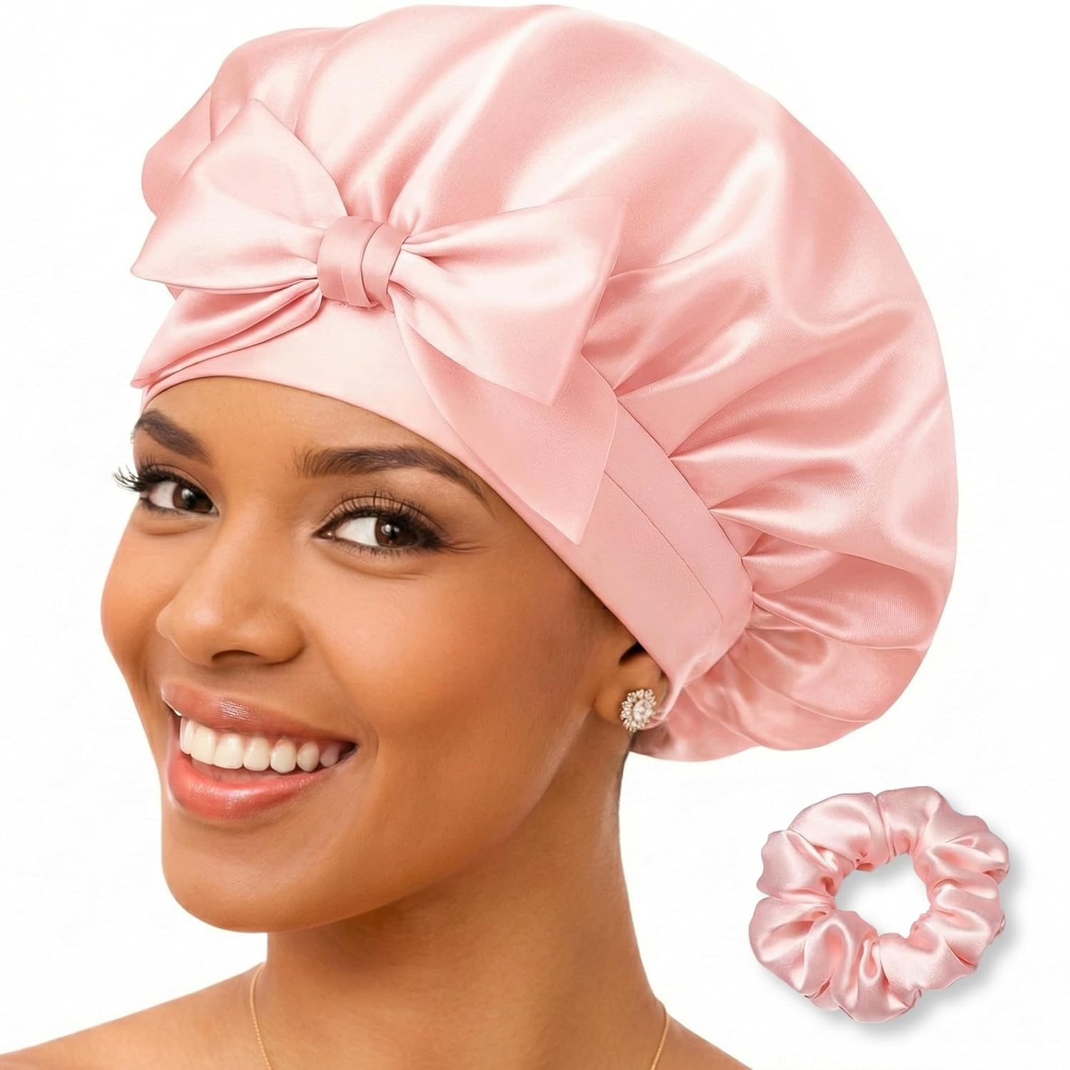 100% Mulberry Silk Bonnet for Sleeping – Adjustable Single Layer Silk Night Cap – Smooth Inner Side, Women Hair Wrap for Curly Hair (Pink)