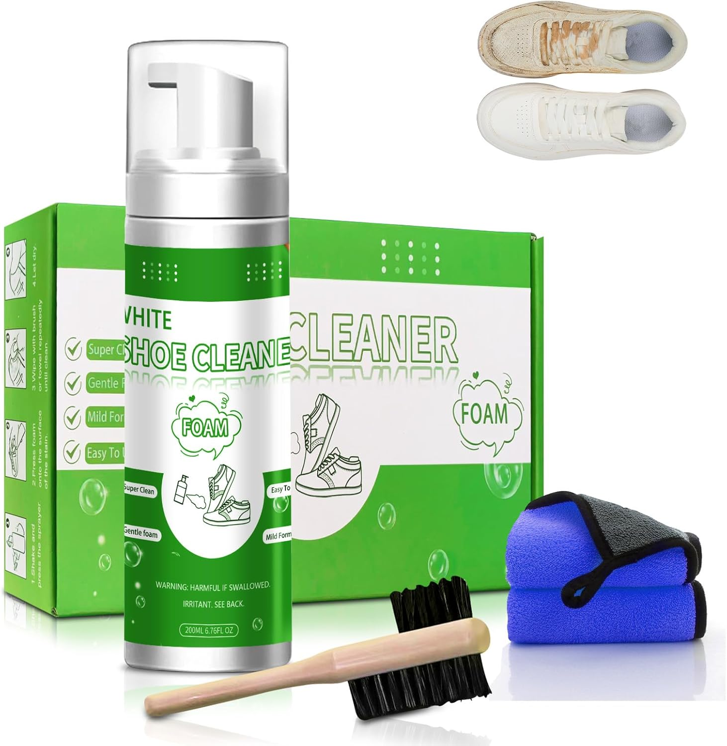 White Shoe Cleaner Kit – 200ml Foam, Brushes & Towel for All Materials