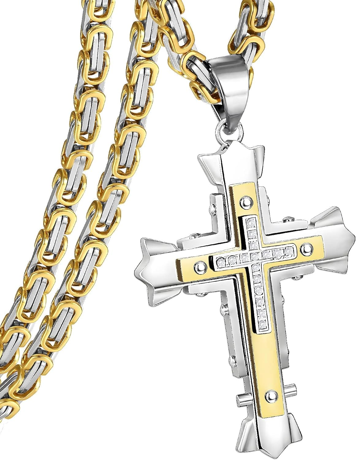 Stainless Steel Jesus Christ Cross Pendant Necklace for Men, 20 to 28 in Rolo/Byzantine Chain, 2 Sizes of Religious Jewelry with Silver/Gold/Black